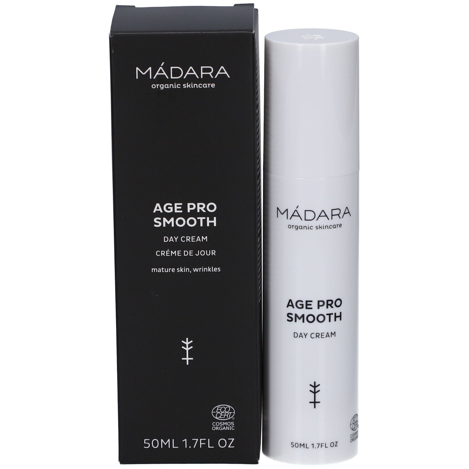 Madara Age Pro Smooth Tagescreme mit schwarzer Verpackung. Text: Age Pro Smooth Day Cream. Logo und Zertifizierung.