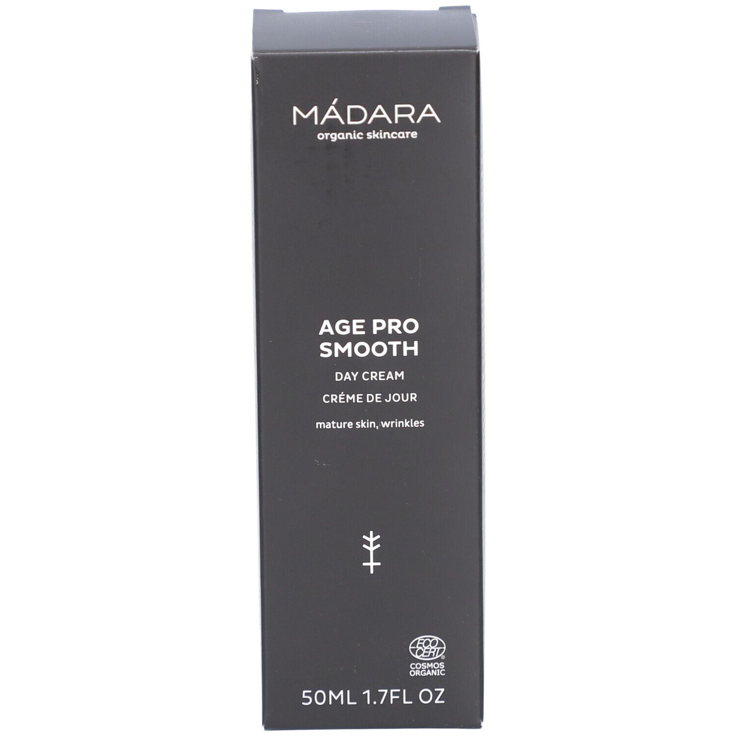 Schwarze Verpackung Madara Age Pro Smooth Tagescreme. Text: Age Pro Smooth Day Cream. Logo und Zertifizierung.