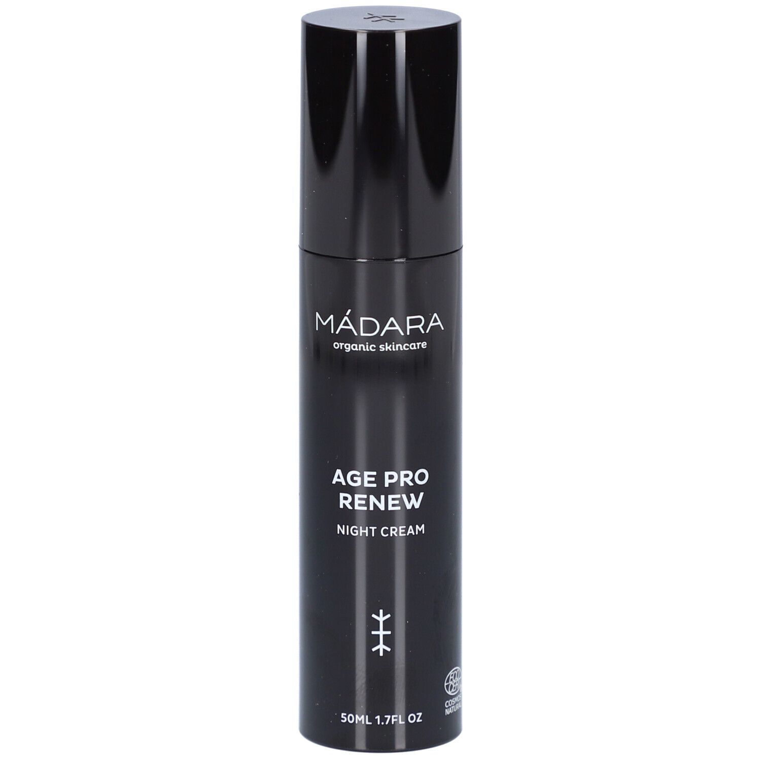 Schwarze Flasche mit schwarzem Deckel. Aufschrift: MÁDARA, AGE PRO RENEW NIGHT CREAM. Mit Zertifizierungslogo.