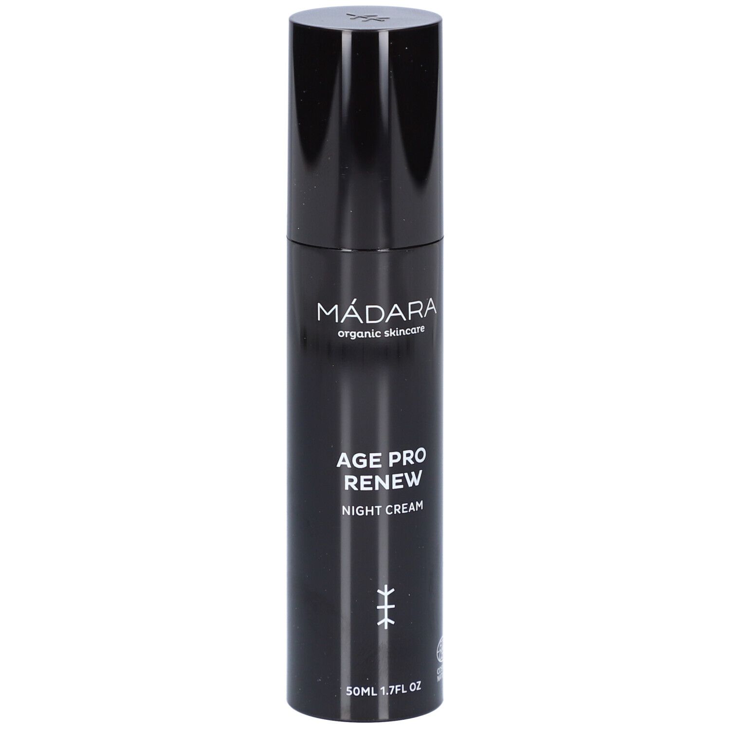 Schwarze Flasche mit schwarzem Deckel. Aufschrift: MÁDARA, AGE PRO RENEW NIGHT CREAM. Mit Zertifizierungslogo.