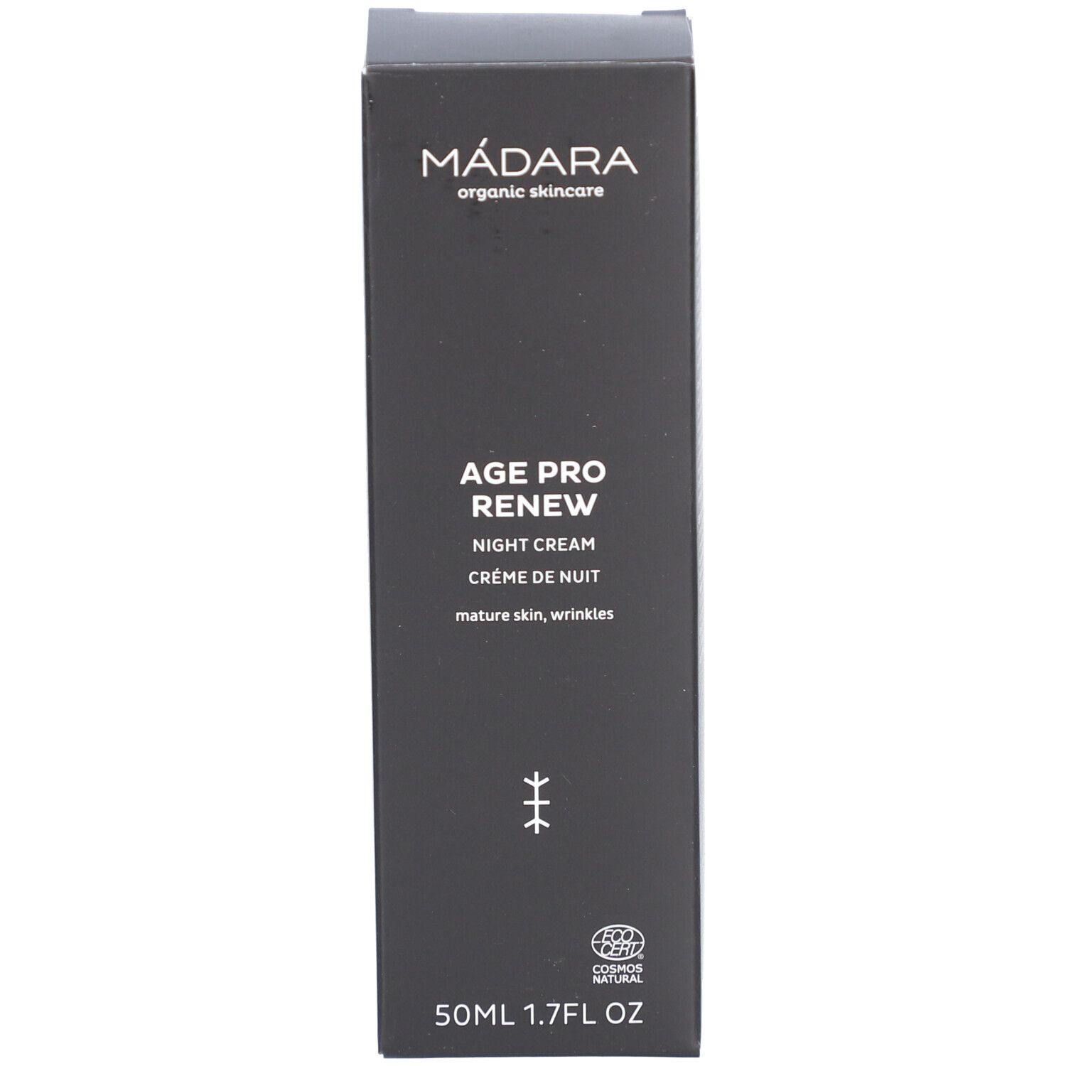Schwarze Schachtel. Aufschrift: MÁDARA, AGE PRO RENEW NIGHT CREAM. Mit Zertifizierungslogo.