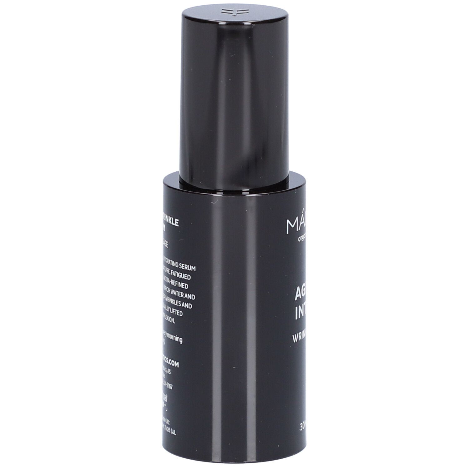 Flacon noir de sérum. Inscriptions: MÁDARA, AGE PRO INTENSE, WRINKLE SERUM. Texte sur les ingrédients.
