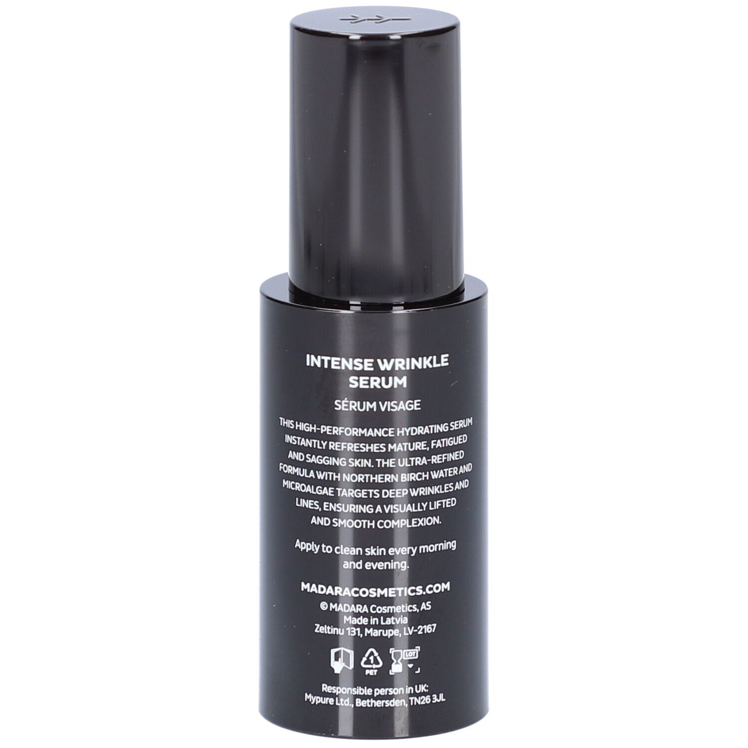 Flacon noir de sérum. Inscription: INTENSE WRINKLE SERUM. Texte sur l'utilisation et les ingrédients.