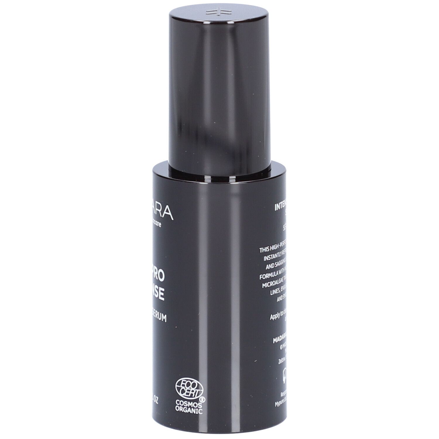 Flacon noir de sérum. Inscriptions: MÁDARA, AGE PRO INTENSE, WRINKLE SERUM. Avec certification.