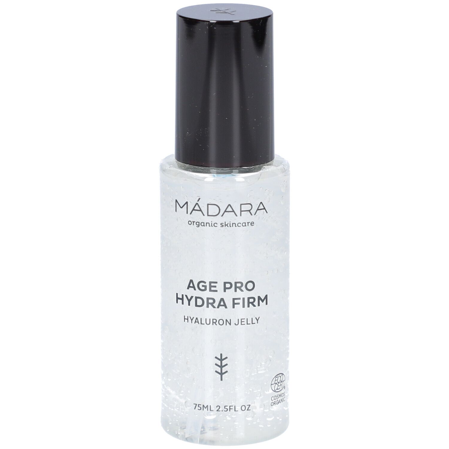 Flacon transparent avec bouchon noir. Inscriptions: MÁDARA, AGE PRO HYDRA FIRM, HYALURON JELLY. Label bio.