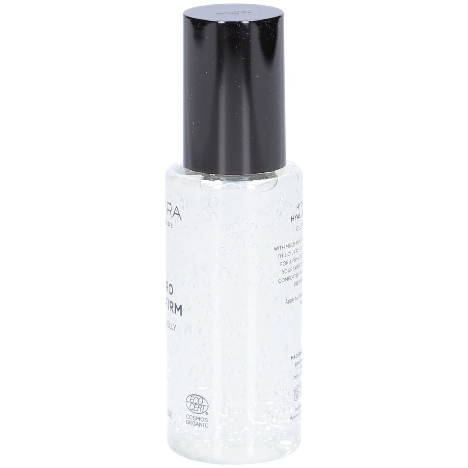 Flacon transparent avec bouchon noir. Inscriptions: MÁDARA, AGE PRO HYDRA FIRM, HYALURON JELLY. Label bio.
