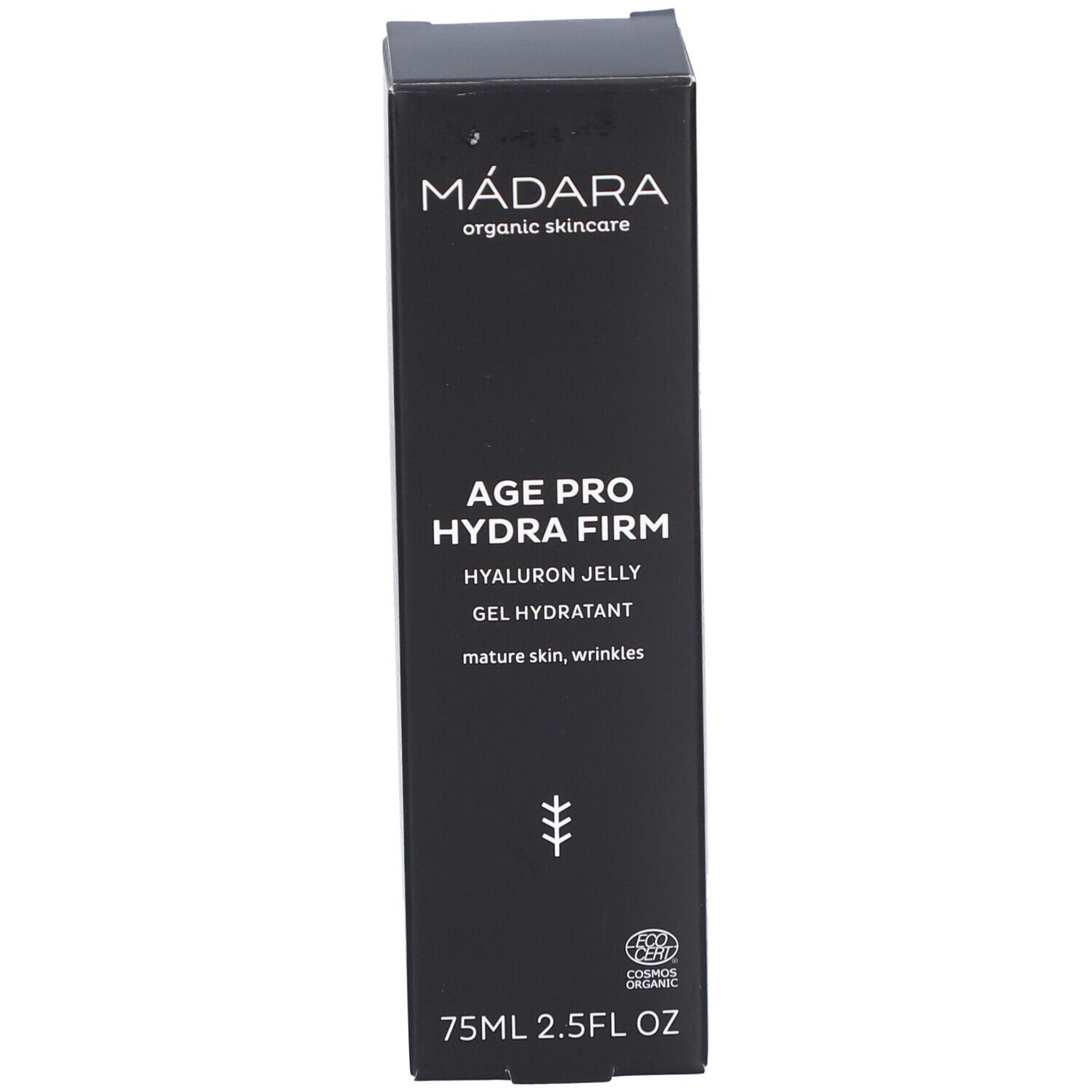 Emballage noir. Inscriptions: MÁDARA, AGE PRO HYDRA FIRM, HYALURON JELLY. Label bio.
