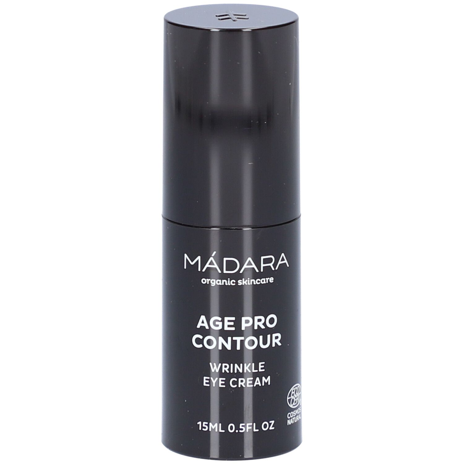 Tube de crème pour les yeux noire. Inscription : MÁDARA, AGE PRO CONTOUR, WRINKLE EYE CREAM, 15ml 0.5FL OZ. Certification COSMOS NATURAL.