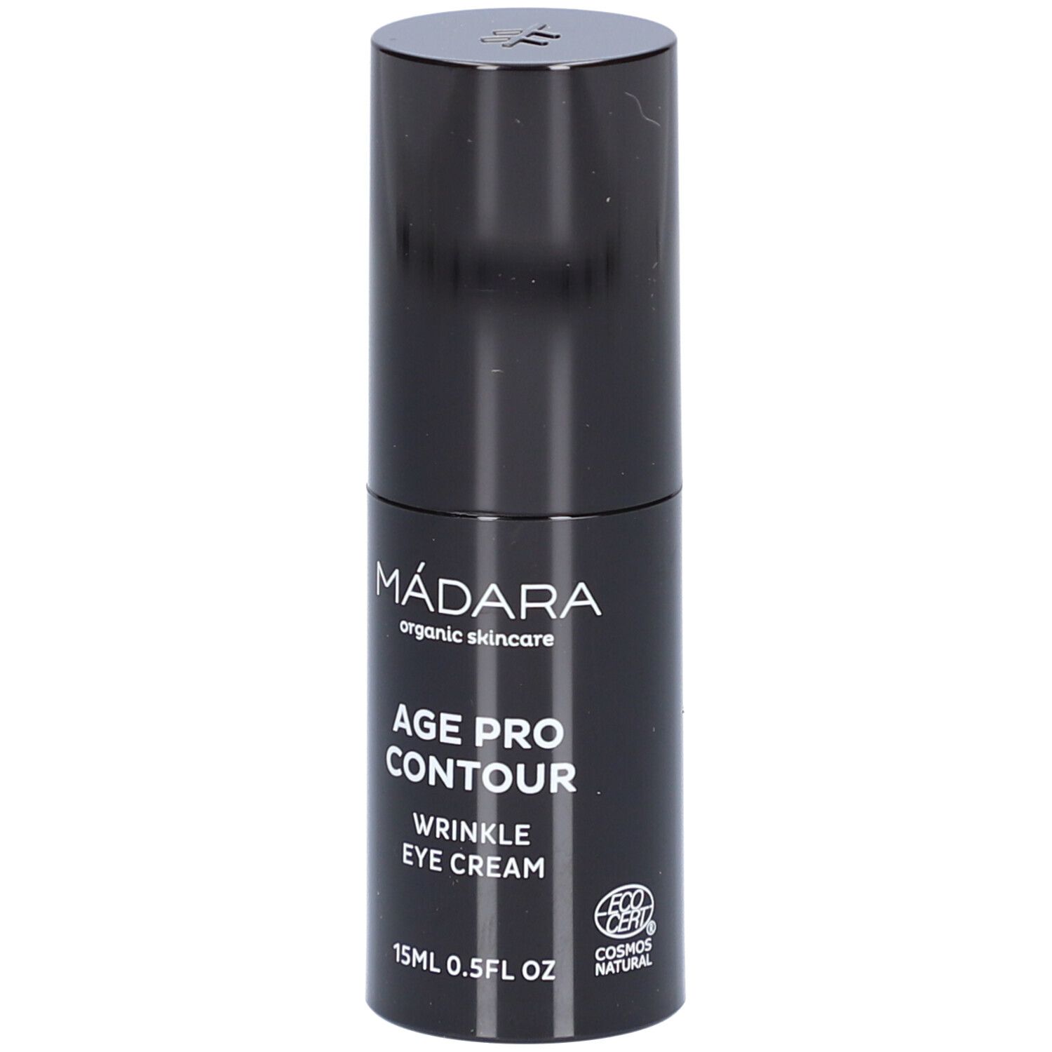 Tube de crème pour les yeux noir. Inscription : MÁDARA, AGE PRO CONTOUR, WRINKLE EYE CREAM, 15ml 0.5FL OZ. Certification COSMOS NATURAL.