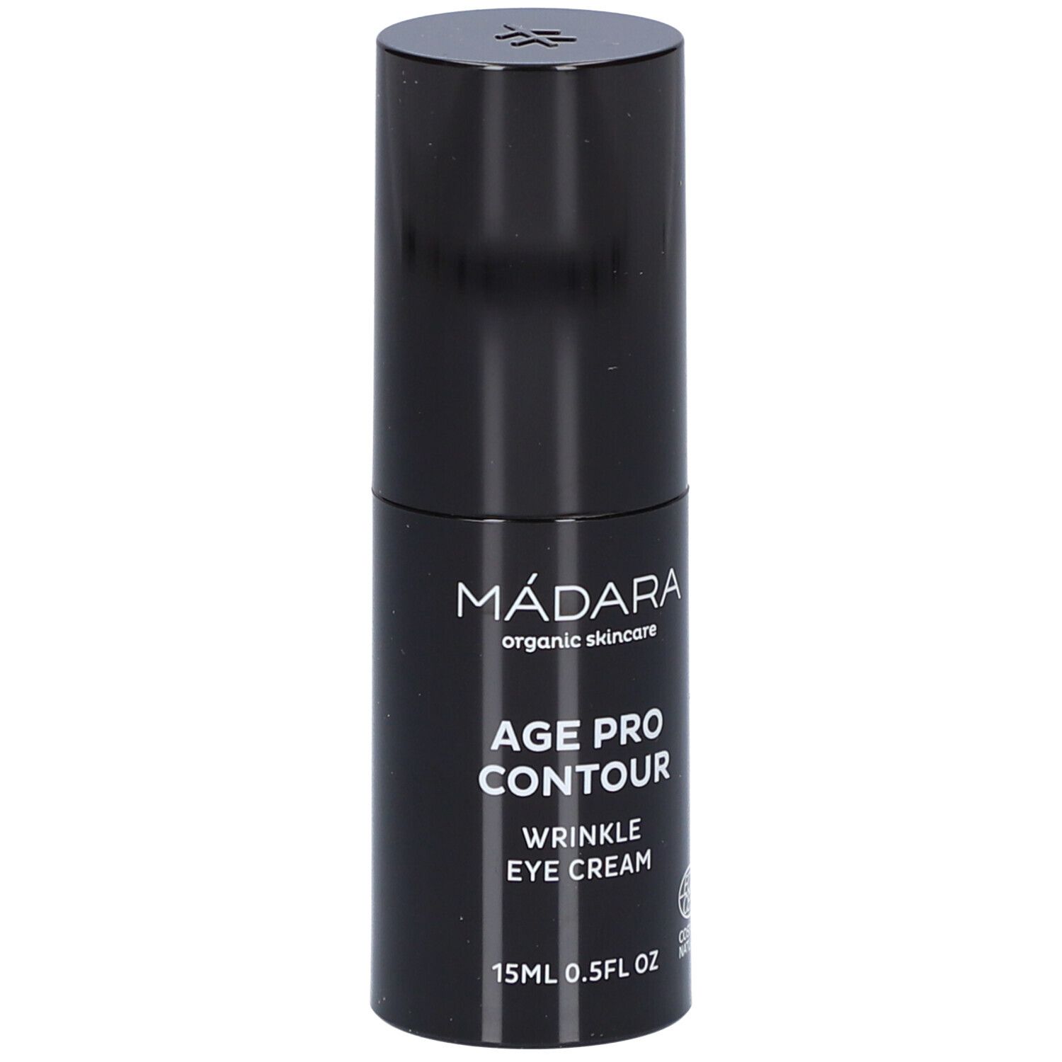 Tube de crème pour les yeux noir. Inscription : MÁDARA, AGE PRO CONTOUR, WRINKLE EYE CREAM, 15ml 0.5FL OZ. Certification COSMOS NATURAL.