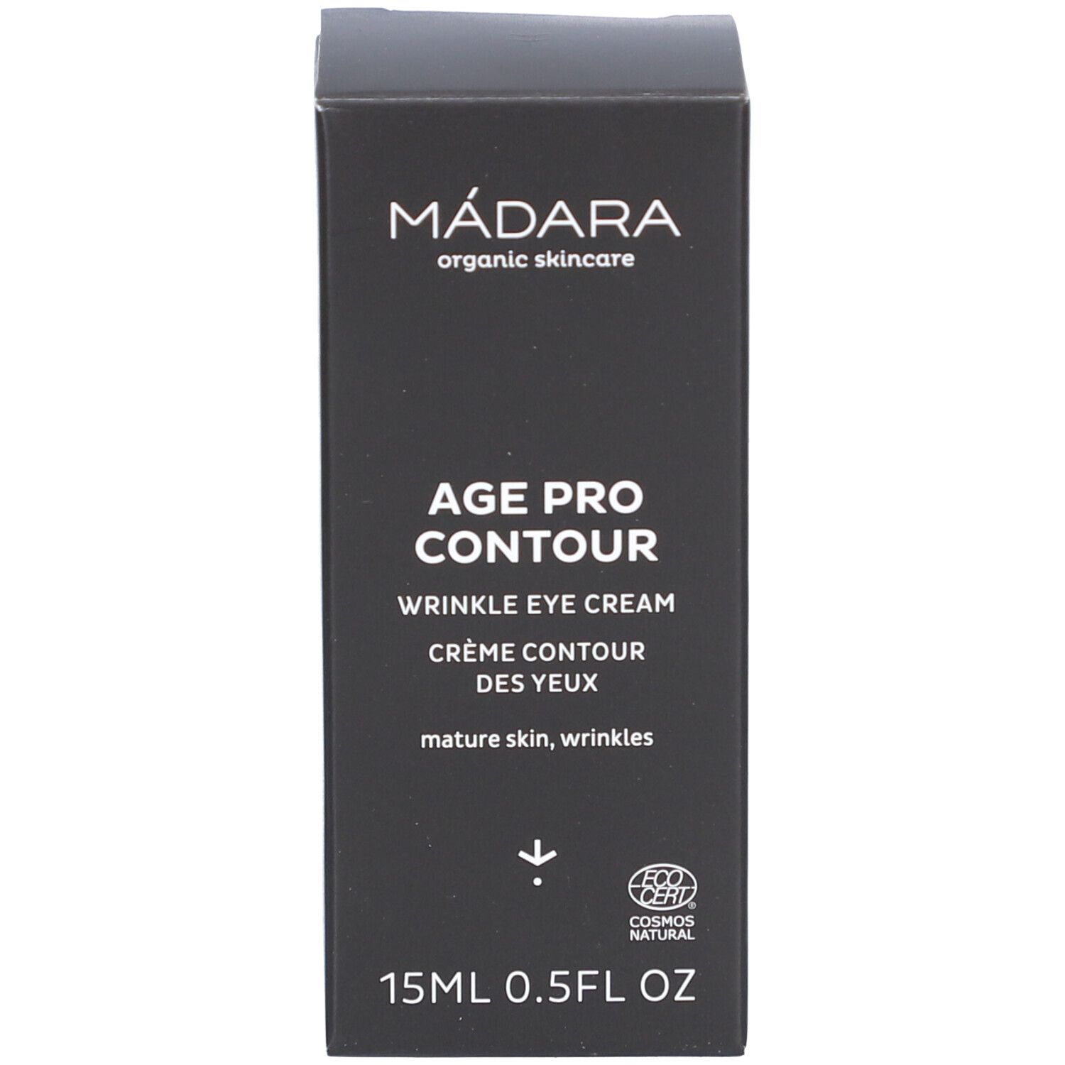 Emballage noir. Inscription : MÁDARA, AGE PRO CONTOUR, WRINKLE EYE CREAM, CRÈME CONTOUR DES YEUX. Certification COSMOS NATURAL.