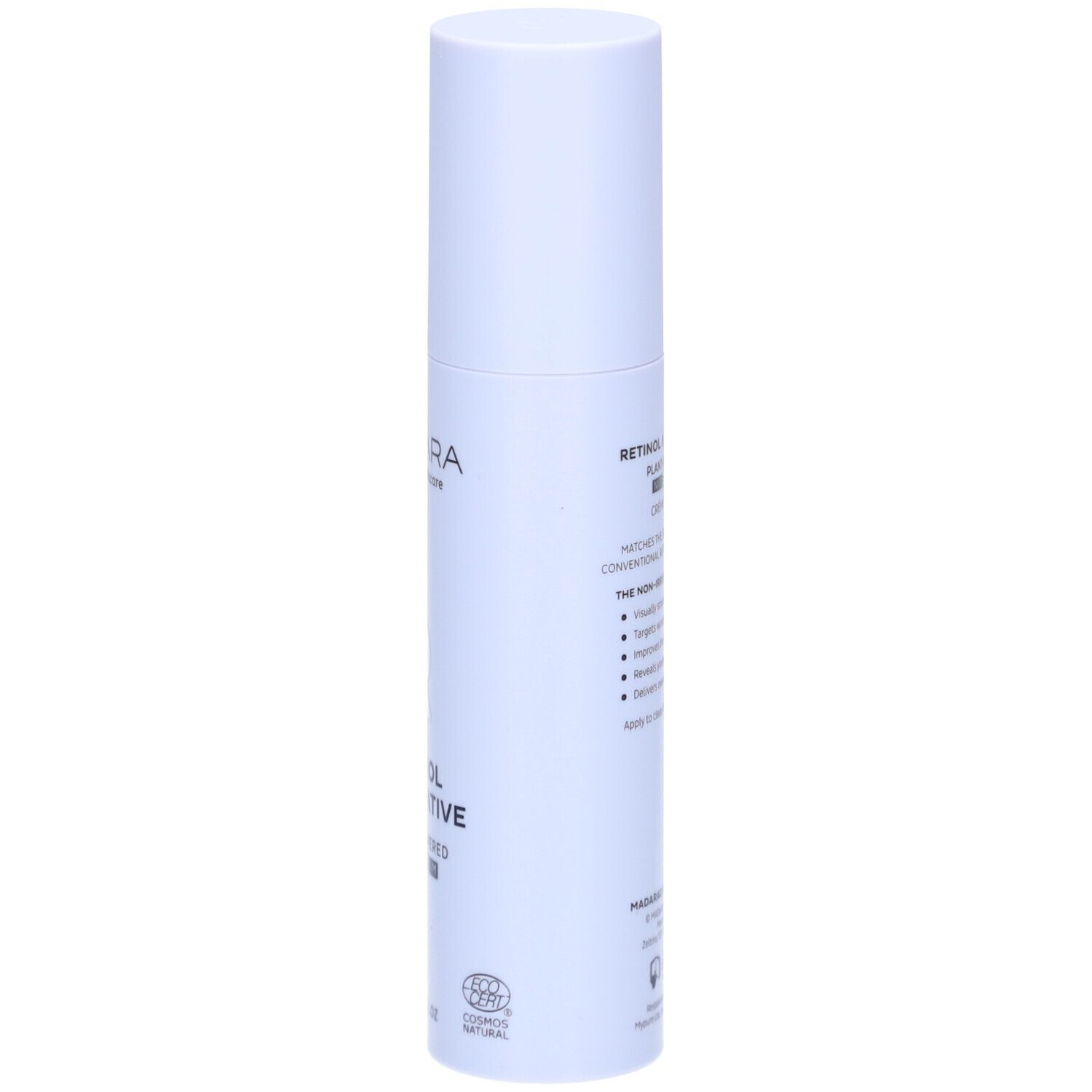 Flacon bleu clair avec bouchon blanc. Texte au dos : description du produit, ingrédients. Avec certification bio.