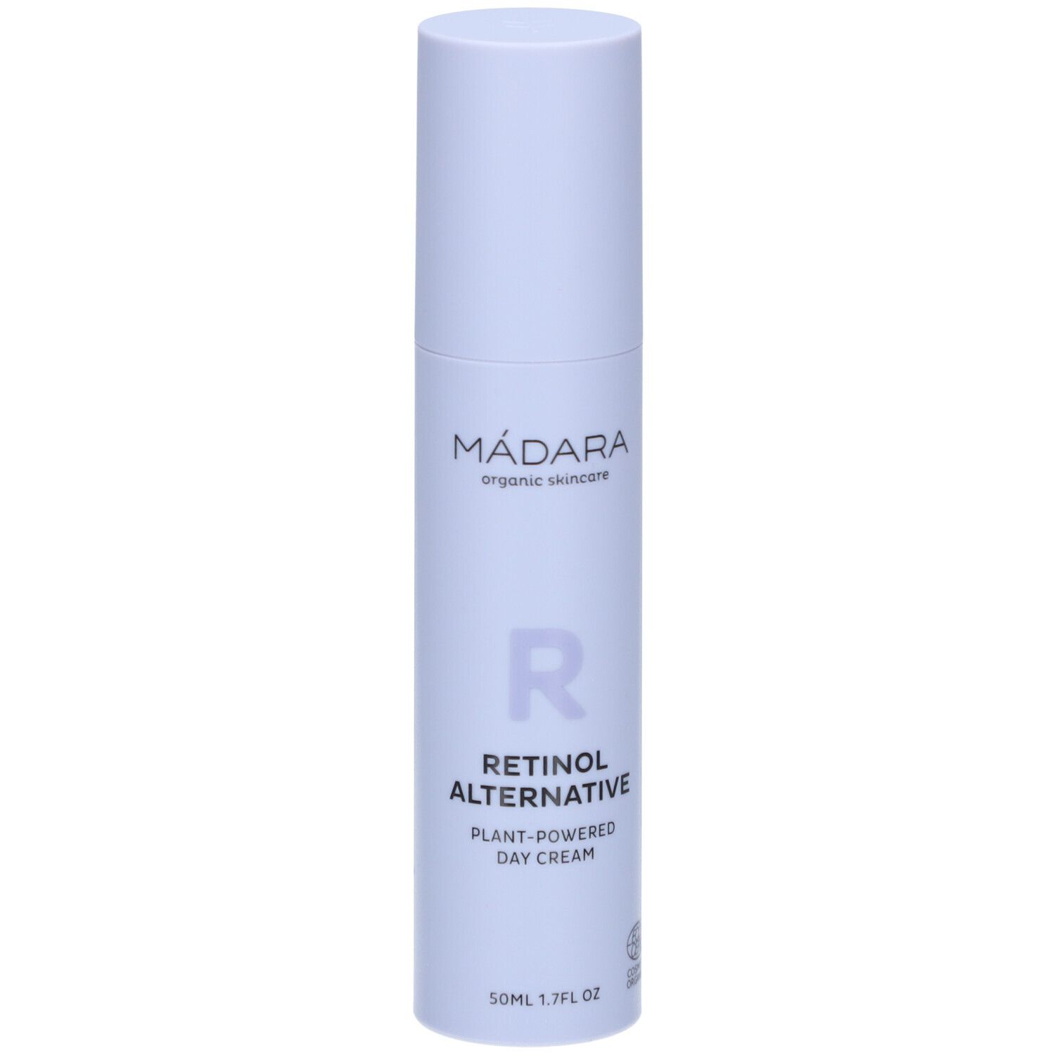 Flacon blanc avec bouchon. Inscription : MÁDARA, Retinol Alternative, Crème de jour. Logo : R. Certification.