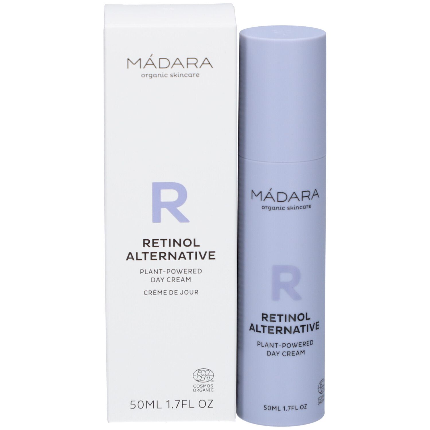 Emballage et flacon. Emballage : blanc, texte : MÁDARA, Retinol Alternative, Crème de jour. Logo : R. Certification.