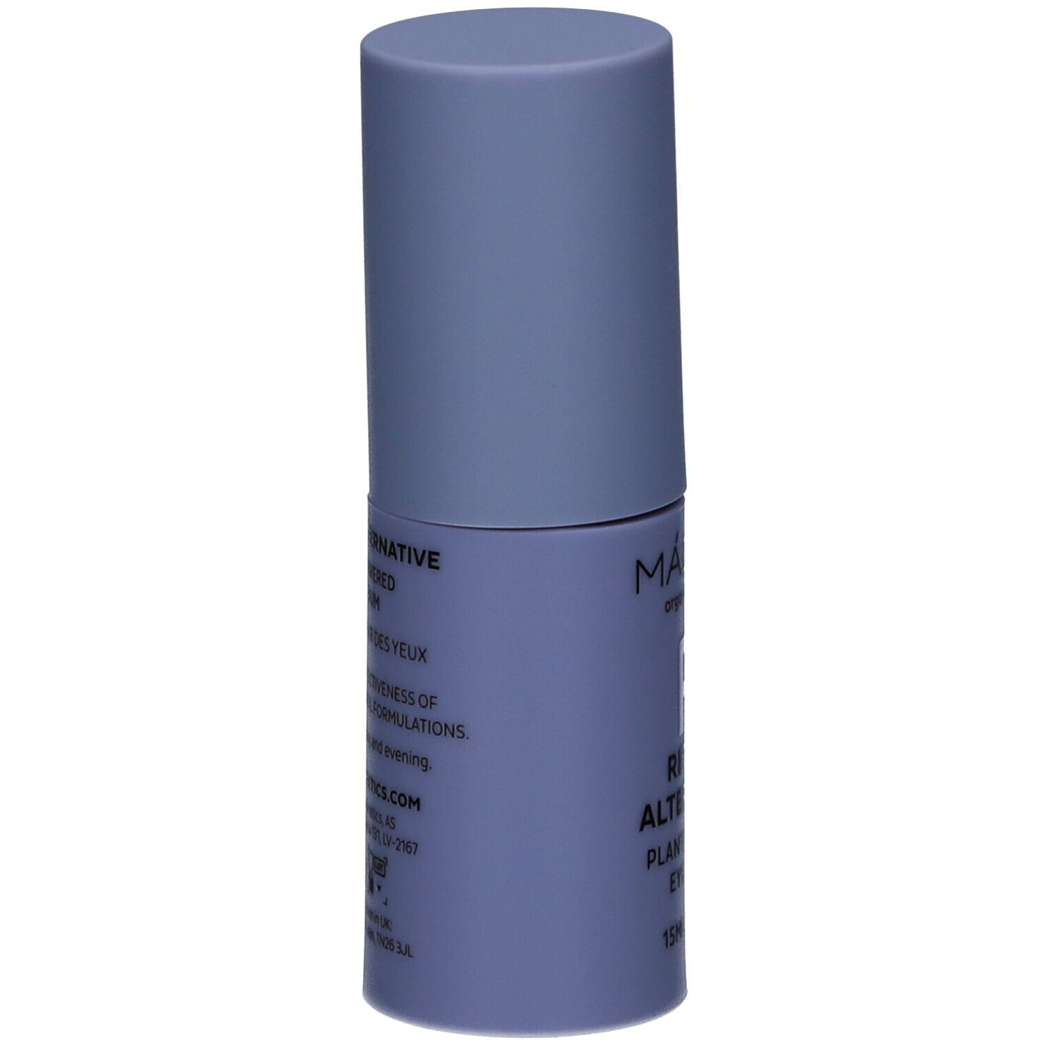 Flacon de sérum pour les yeux bleu clair, vue latérale. Inscription : MÁDARA, Retinol Alternative, 15ml. Texte en anglais.