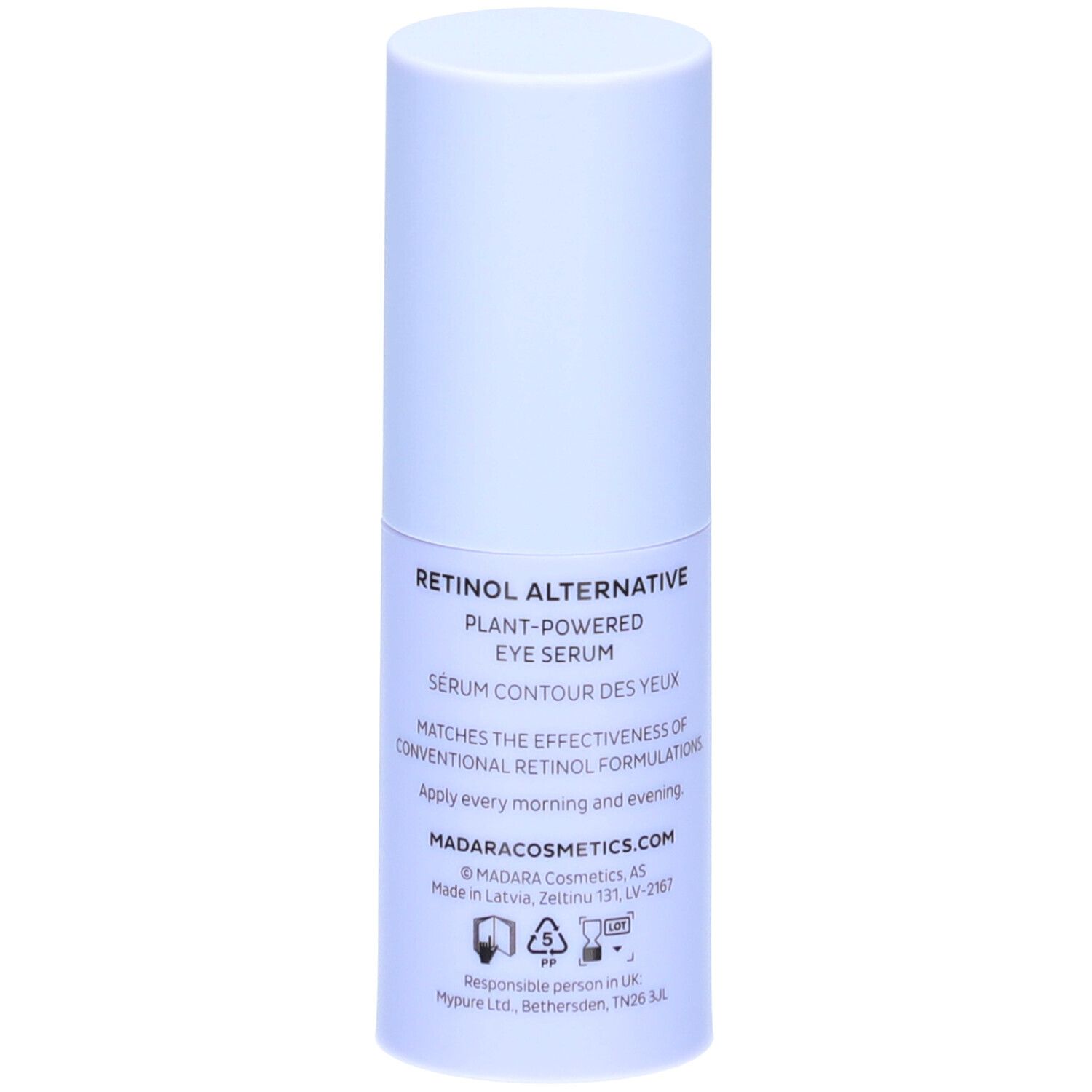 Flacon de sérum pour les yeux bleu clair. Inscription : Retinol Alternative, Plant-Powered Eye Serum, MADARACOSMETICS.COM, 15ml.