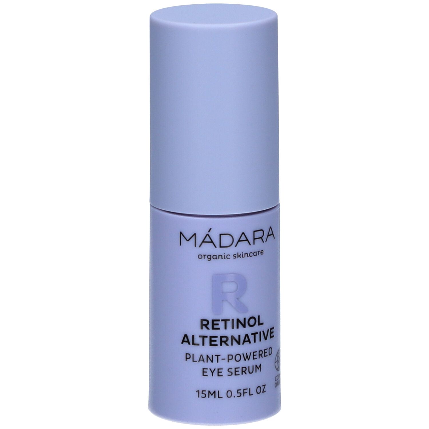 Flacon de sérum pour les yeux bleu clair. Inscription : MÁDARA, Retinol Alternative, Plant-Powered Eye Serum, 15ml, COSMOS ORGANIC.