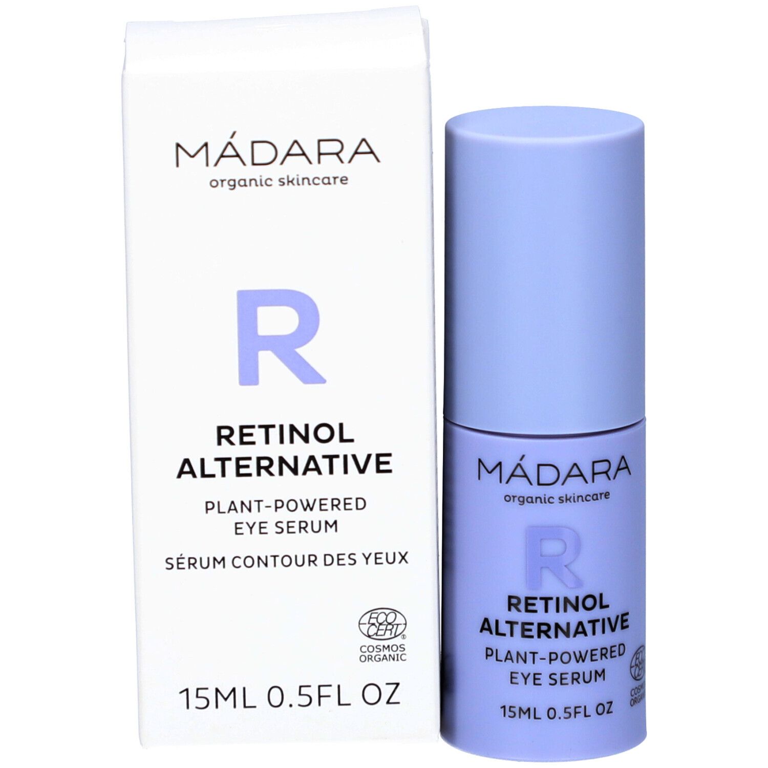 Flacon de sérum pour les yeux et emballage. Inscription : MÁDARA, Retinol Alternative, Plant-Powered Eye Serum, 15ml, COSMOS ORGANIC.