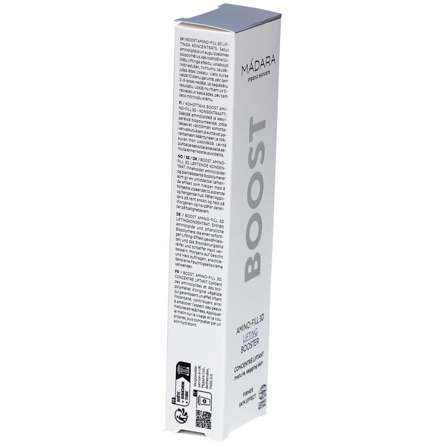 Dos de l'emballage du produit. Texte multilingue. Marque MÁDARA. Certifications et code QR.