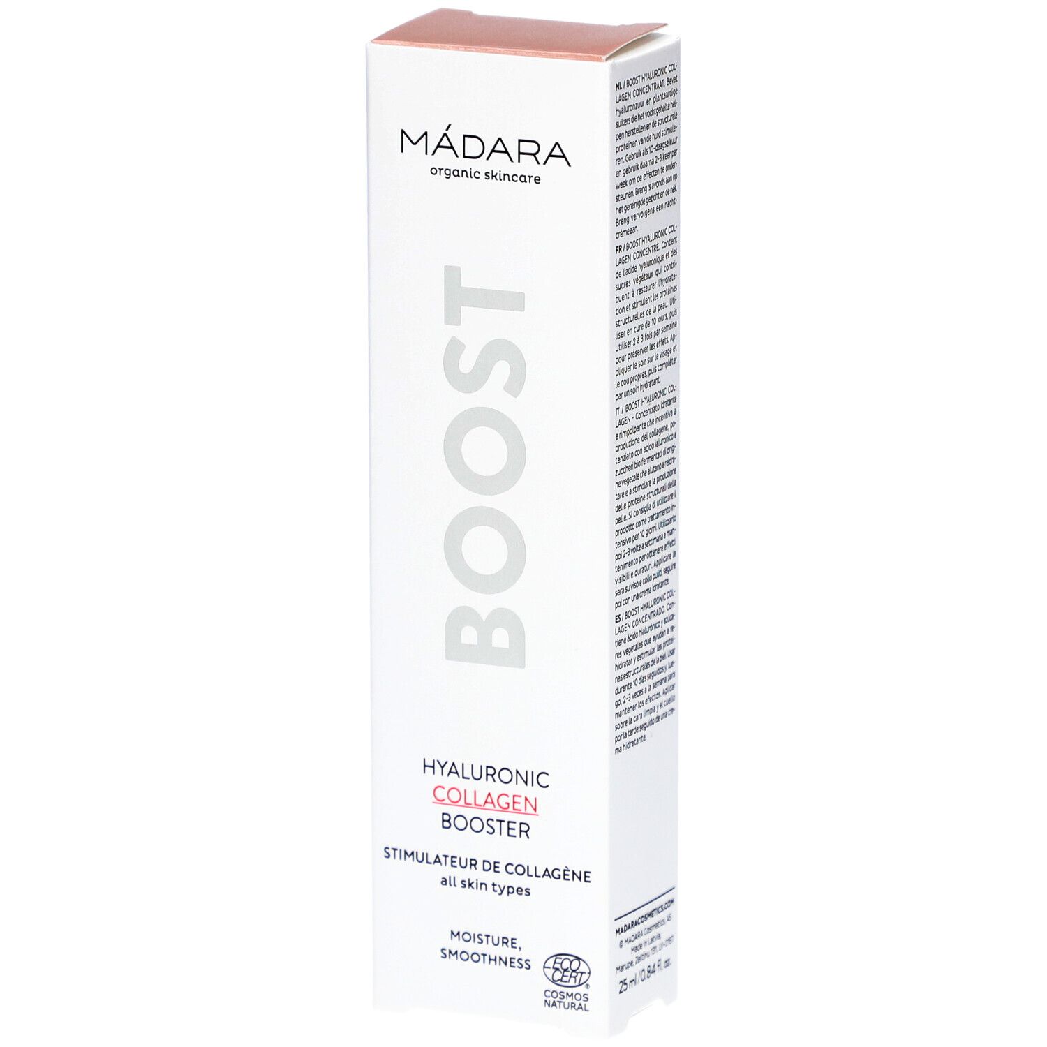 Weiße Verpackung mit Produktnamen BOOST und Hyaluronic Collagen Booster. Marke: Mádara. Enthält COSMOS NATURAL Zertifizierung.