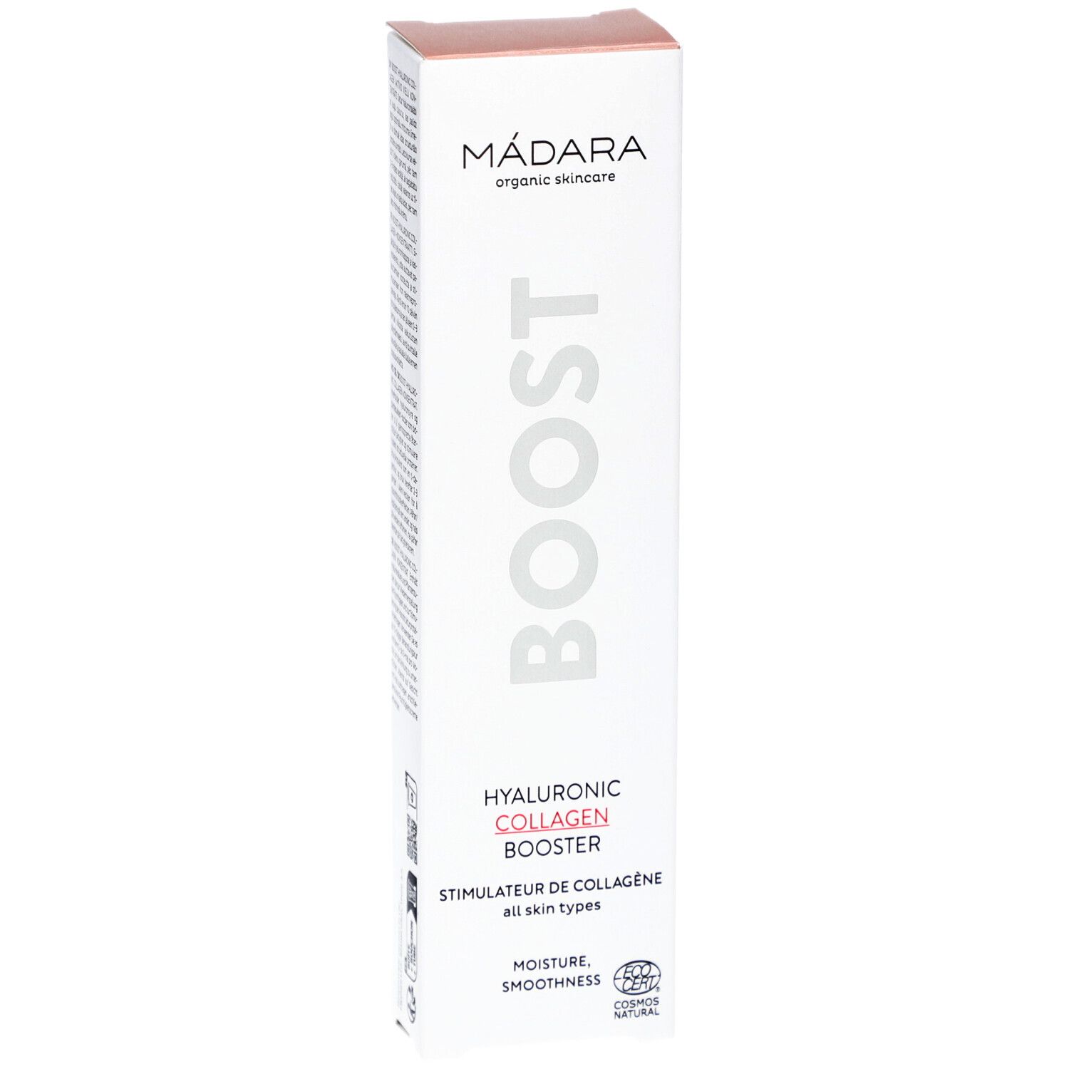 Weiße Verpackung mit Produktnamen BOOST und Hyaluronic Collagen Booster. Marke: Mádara. Enthält COSMOS NATURAL Zertifizierung.