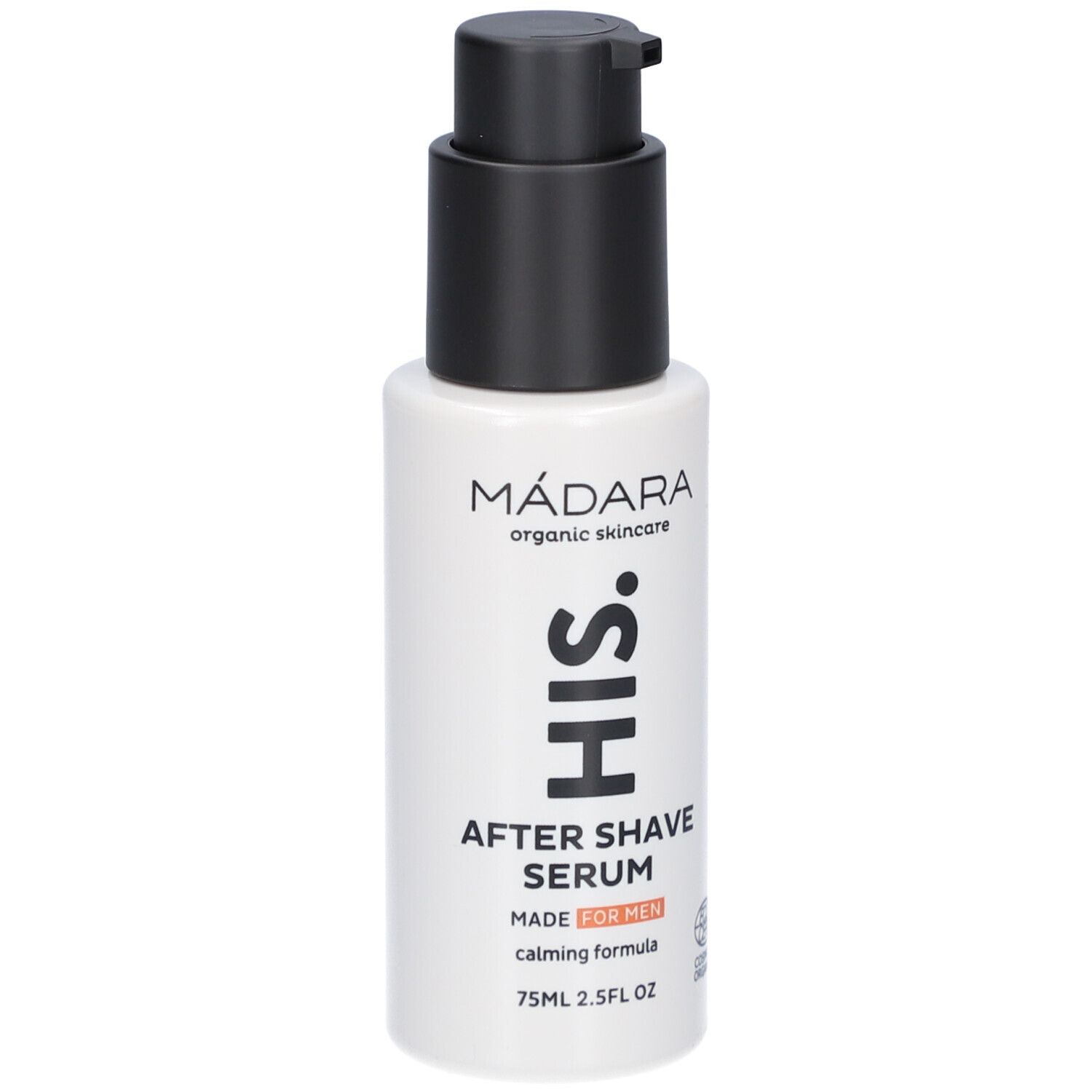 Flacon blanc avec pompe noire. Inscription : MÁDARA, HIS, After Shave Serum, MADE FOR MEN, COSMOS ORGANIC.