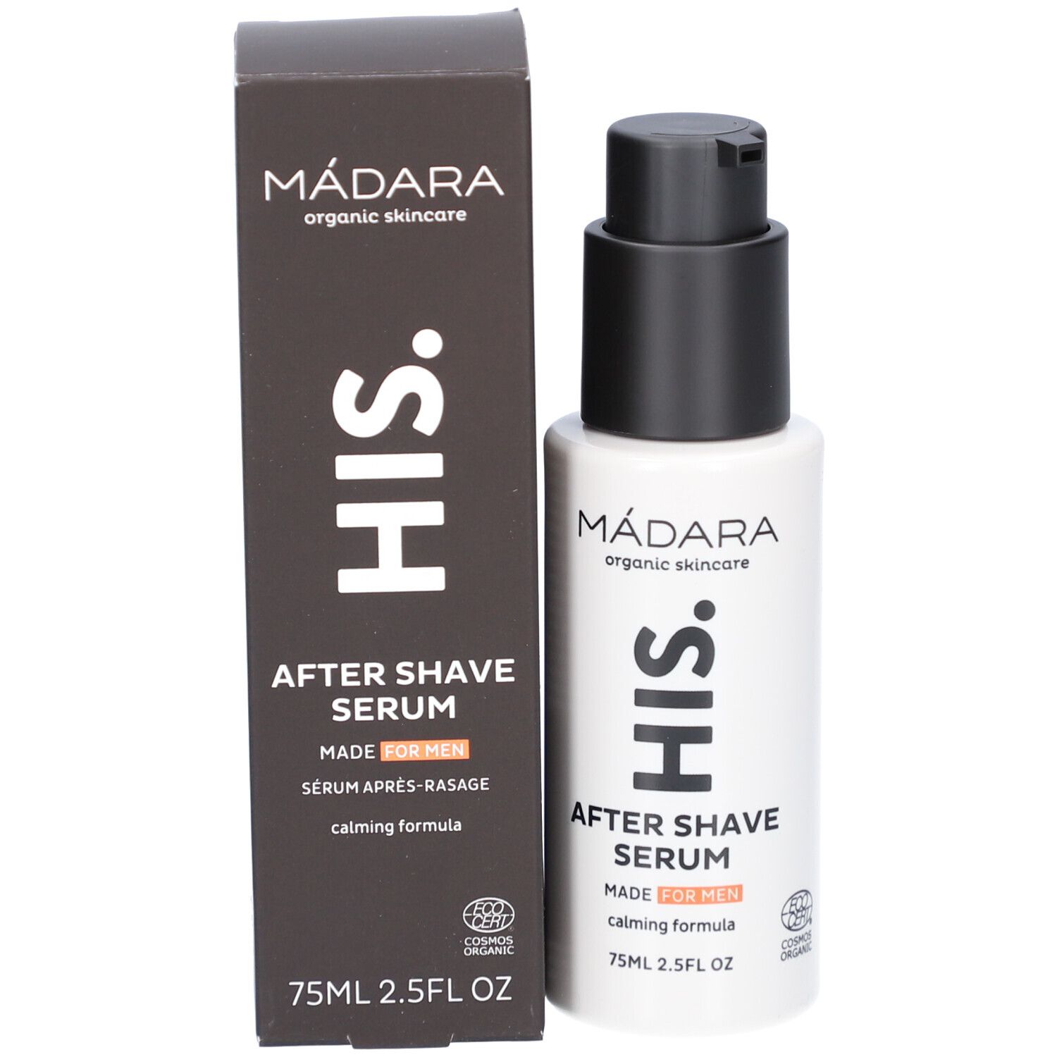 Flacon et emballage du produit. Inscription : MÁDARA, HIS, After Shave Serum, MADE FOR MEN, COSMOS ORGANIC.