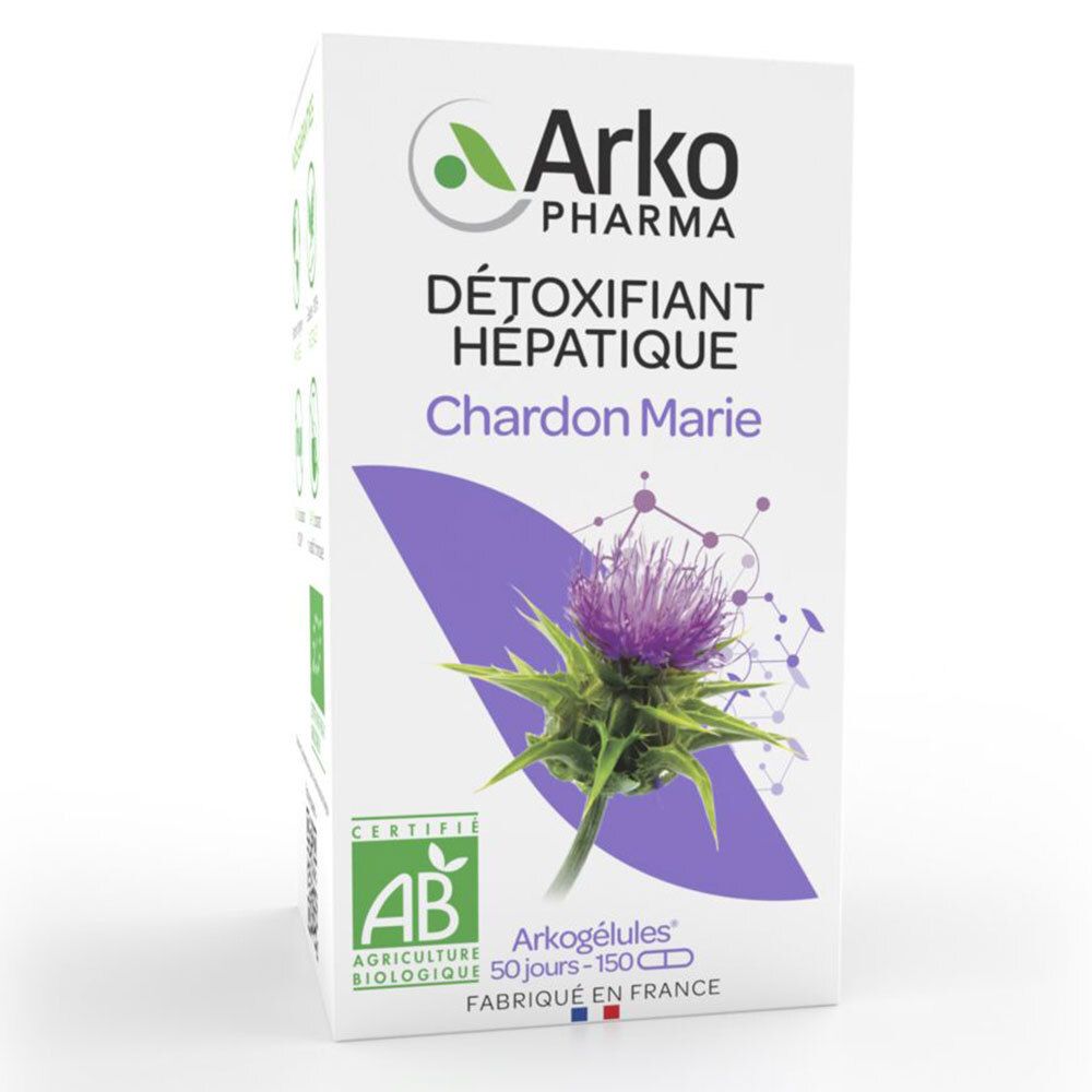 Boîte Arkopharma Chardon Marie. Texte: DÉTOXIFIANT HÉPATIQUE, Chardon Marie. Certification AB. Arkogélules 50 jours-150 gélules.