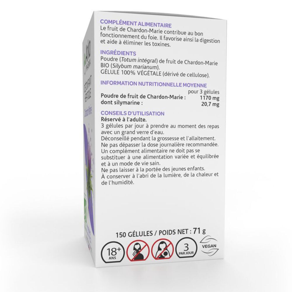 Dos de l'emballage Chardon Marie. Texte: 150 Gélules / POIDS NET: 71 g. 18+ ans, 3 par jour, Vegan. Ingrédients et conseils d'utilisation.