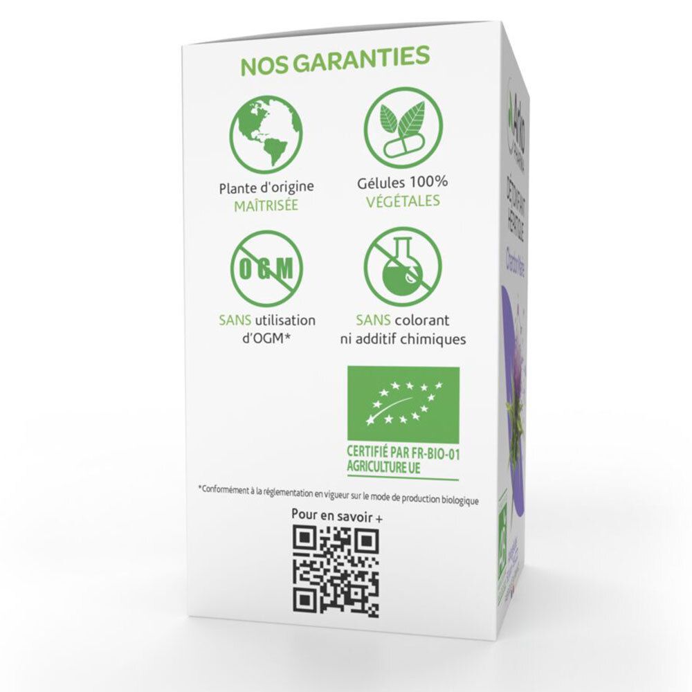 Dos de l'emballage Chardon Marie. Logos: Plante d'origine maîtrisée, Gélules 100% végétales, Sans OGM, Sans colorant, Label AB.