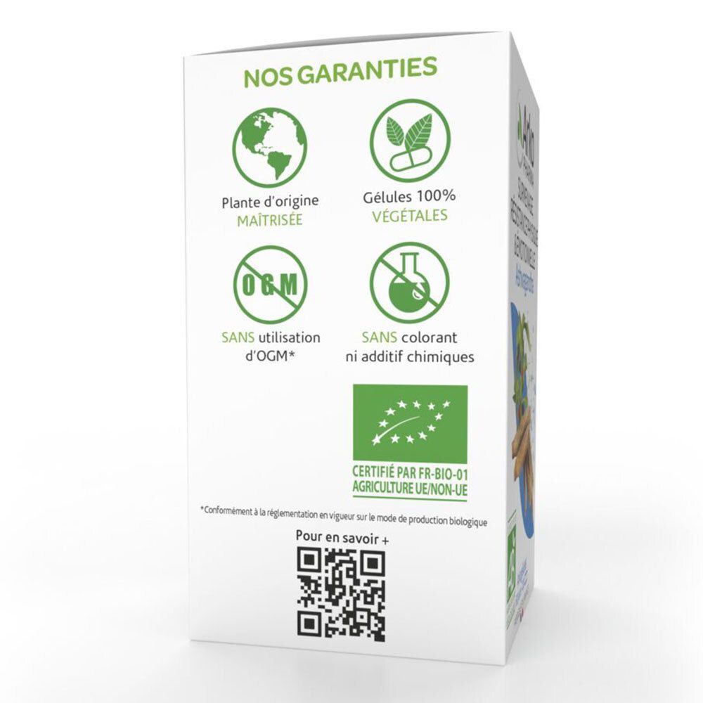 Rückseite des Kartons mit Logos und Text. Zertifizierungen: Pflanzenursprung, 100% pflanzliche Kapseln, OGM-frei, ohne chemische Zusätze.