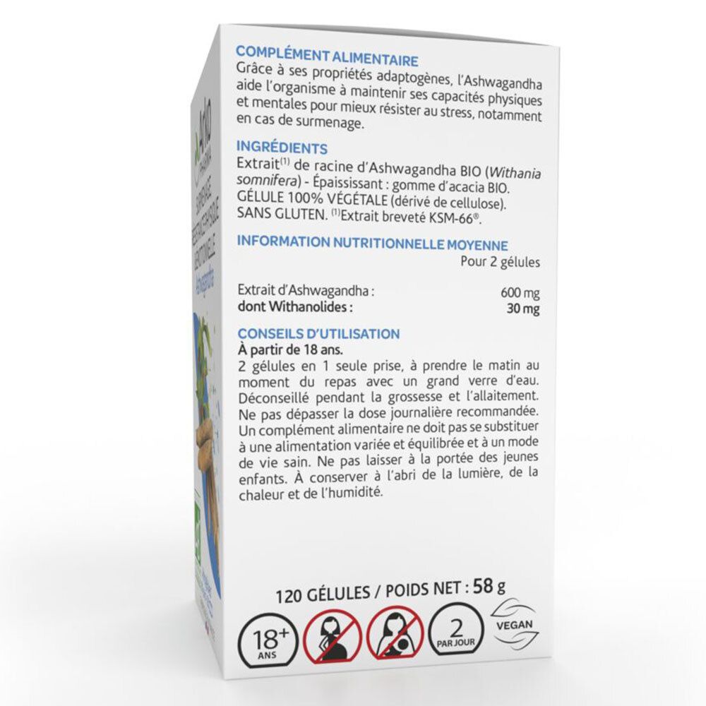 Text auf der Kartonseite. Nährwertangaben, Anwendungshinweise, Inhaltsstoffe. 120 Kapseln, 58g. Vegan, ab 18 Jahren.