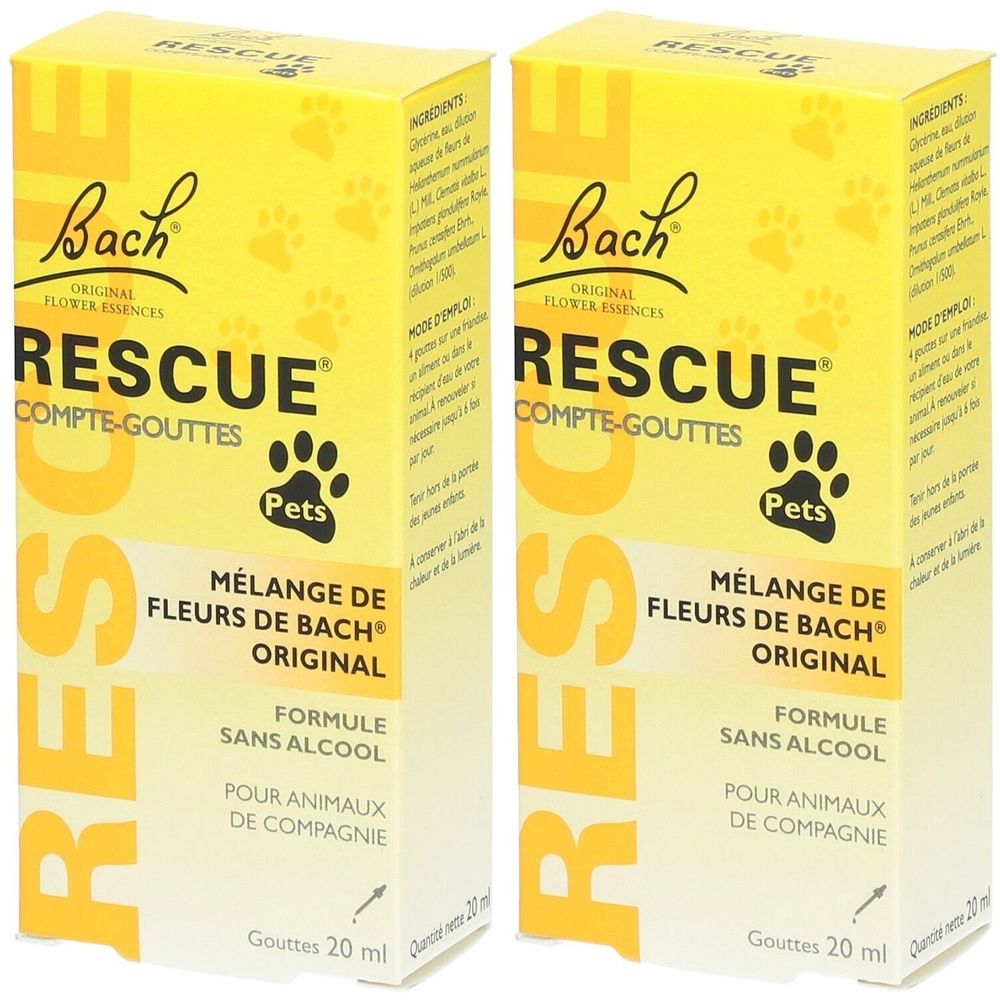 Zwei gelbe Schachteln mit "Bach RESCUE" Aufschrift. Text: "Mélange de Fleurs de Bach Original", "Pour animaux de compagnie".