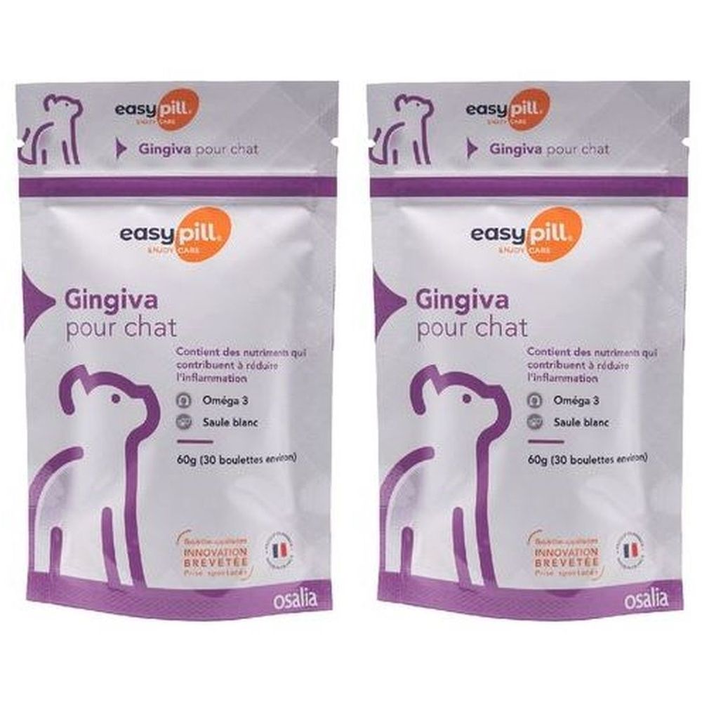 Deux sachets Osalia Easypill® Gingiva pour chat. Emballage blanc et violet avec nom du produit, illustration de chat et informations.