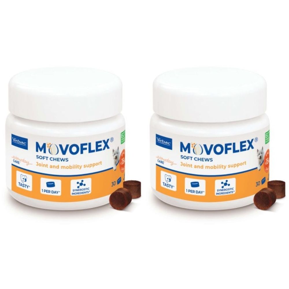 Deux pots blancs avec couvercles. Inscription MOVOFLEX SOFT CHEWS. Des comprimés bruns sont à côté.