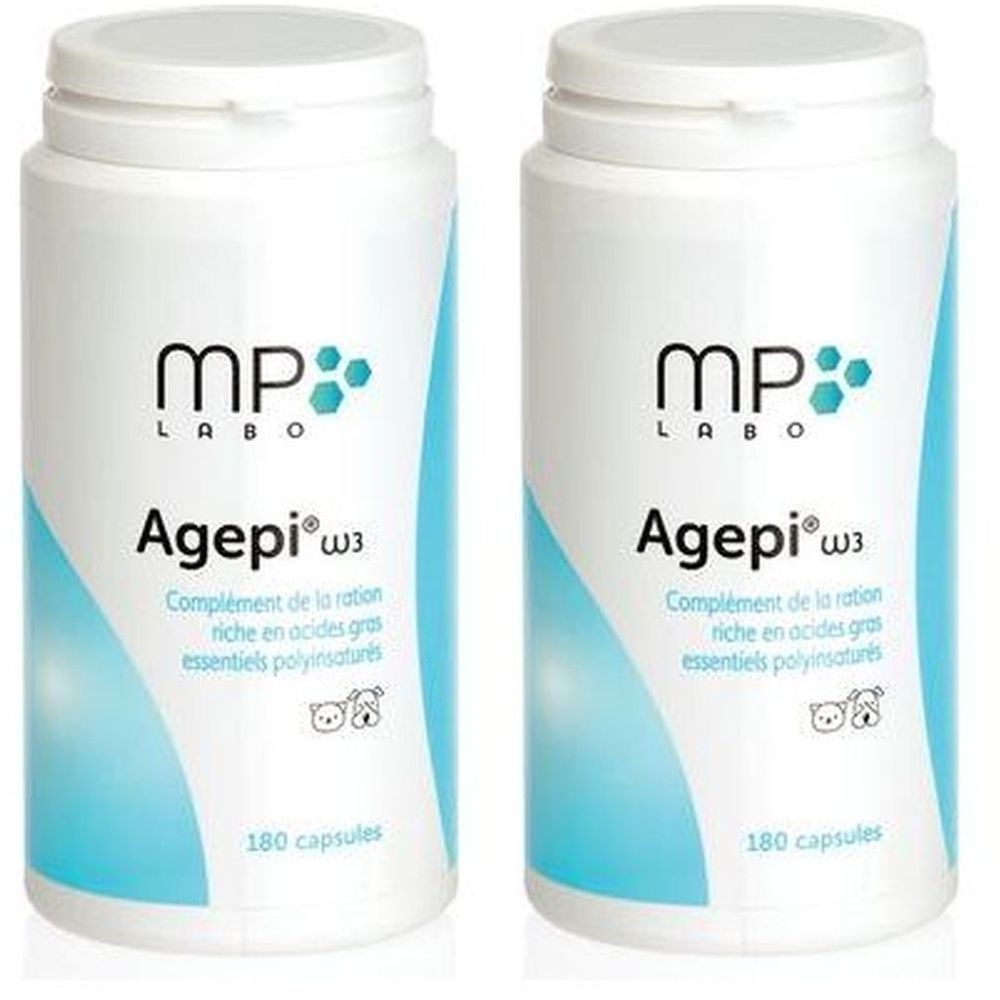 Zwei weiße Flaschen mit blauem Etikett. Aufschrift: MP Labo Agepi w3, 180 Kapseln.