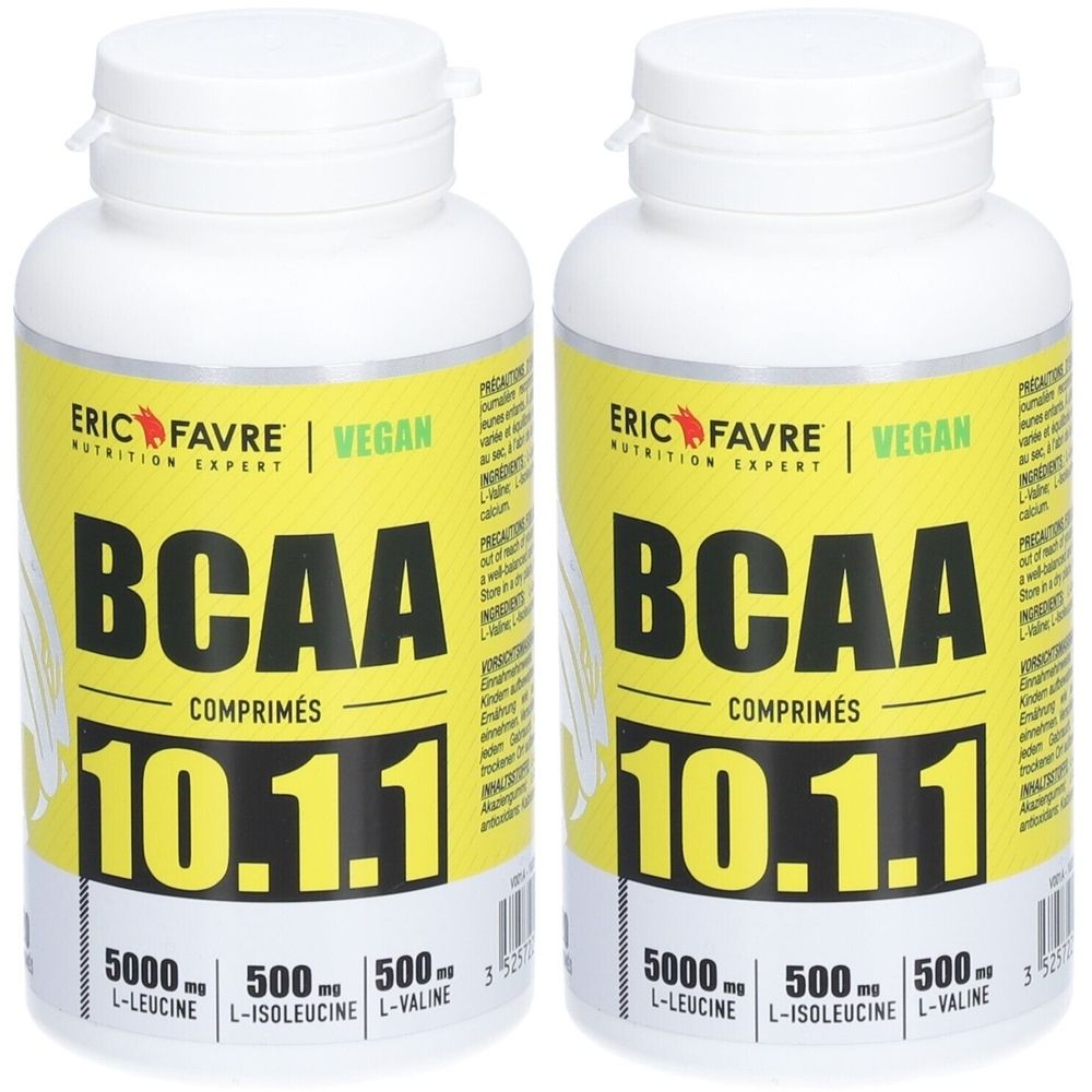 Deux flacons blancs avec étiquettes jaunes. Inscription : ERIC FAVRE BCAA 10.1.1, vegan. Contient L-Leucine, L-Isoleucine, L-Valine.