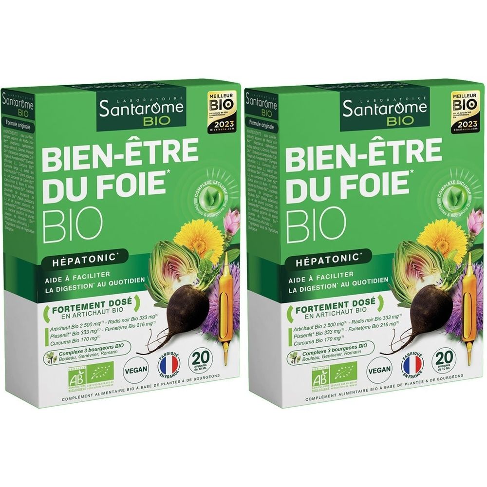 Zwei grüne Schachteln mit der Aufschrift "Bien-Être du Foie Bio". Enthält 20 Tabletten. Vegan-Zertifizierung.