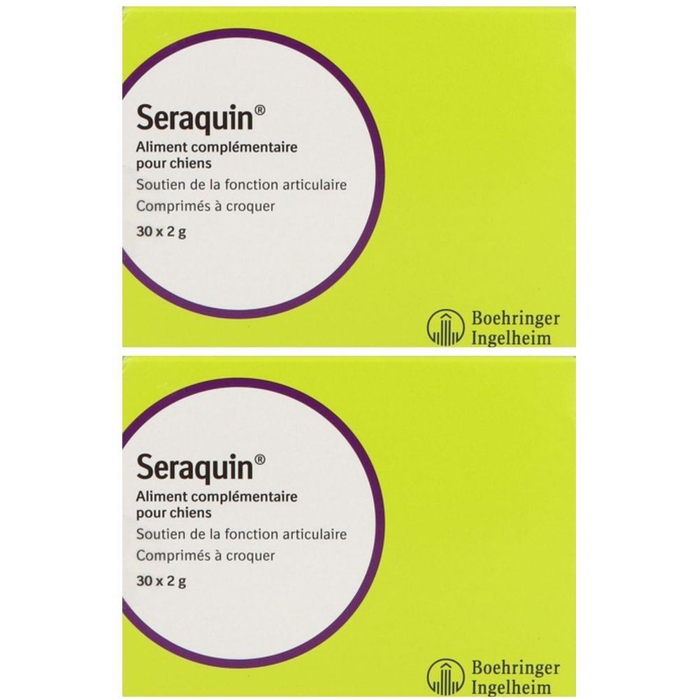 Deux boîtes de Seraquin® pour chiens. Inscription : Complément alimentaire, soutien de la fonction articulaire, 30 x 2 g.