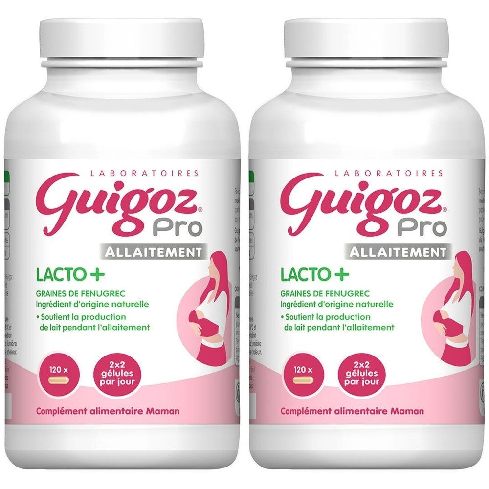 Deux flacons blancs avec étiquettes roses. Inscription: Guigoz Pro Allaitement Lacto+. Contient du fenugrec. Complément pour maman.
