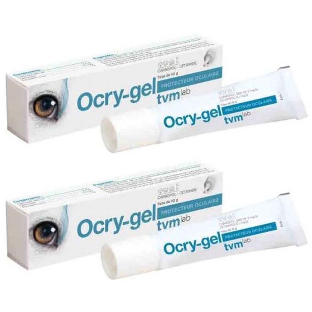 Zwei Tuben Ocry-gel mit Verpackung. Auf der Verpackung und den Tuben steht Ocry-gel, tvm lab und PROTECTEUR OCULAIRE.
