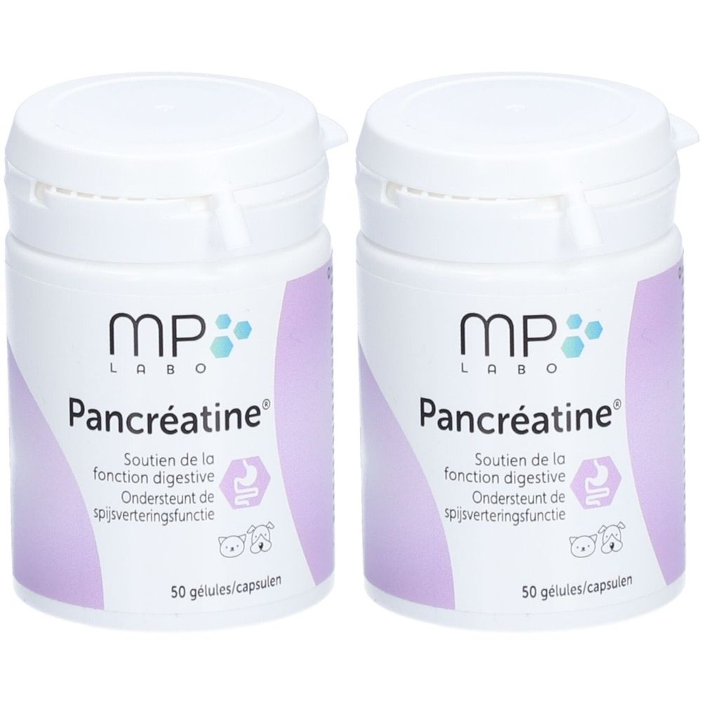 Zwei weiße Dosen mit Deckel. Aufschrift: MP Labo Pancréatine, unterstützt die Verdauung. 50 Kapseln.