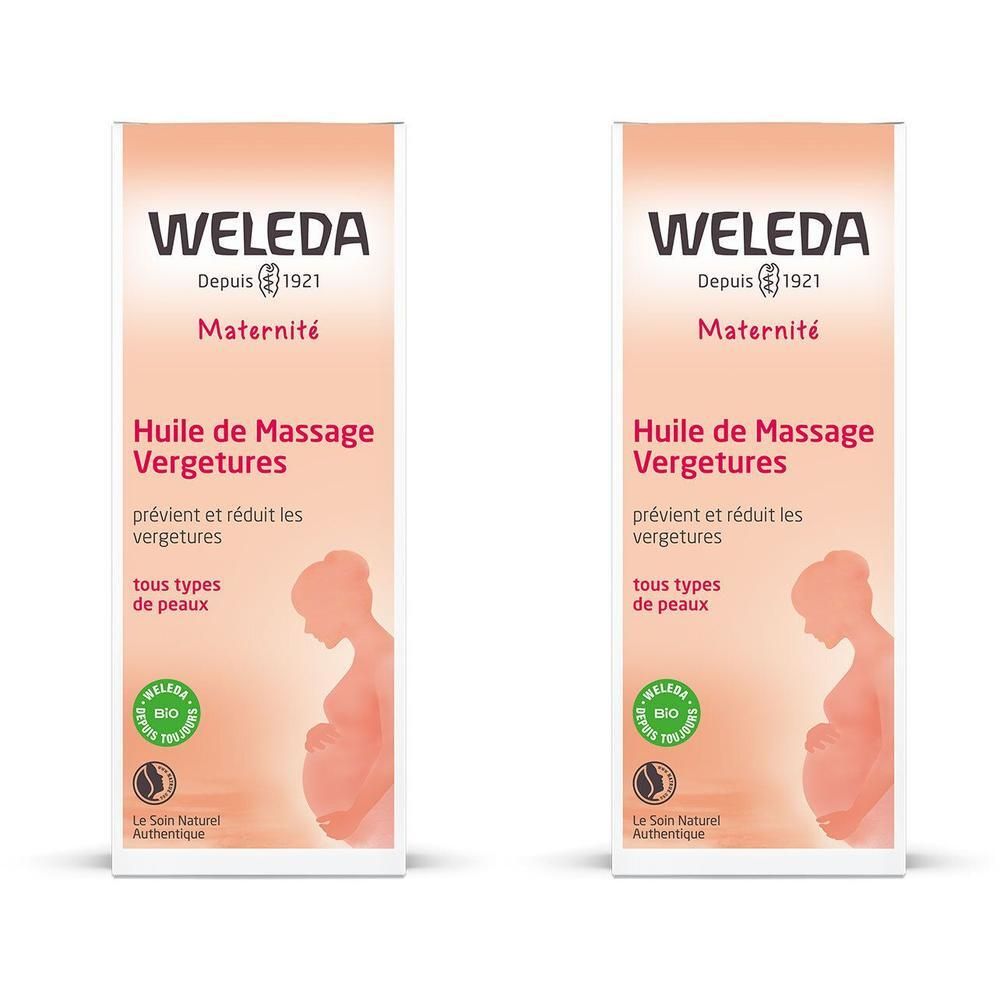 Zwei Flaschen WELEDA Schwangerschafts-Pflegeöl. Aufdruck: Maternité, Huile de Massage Vergetures, alle Hauttypen.