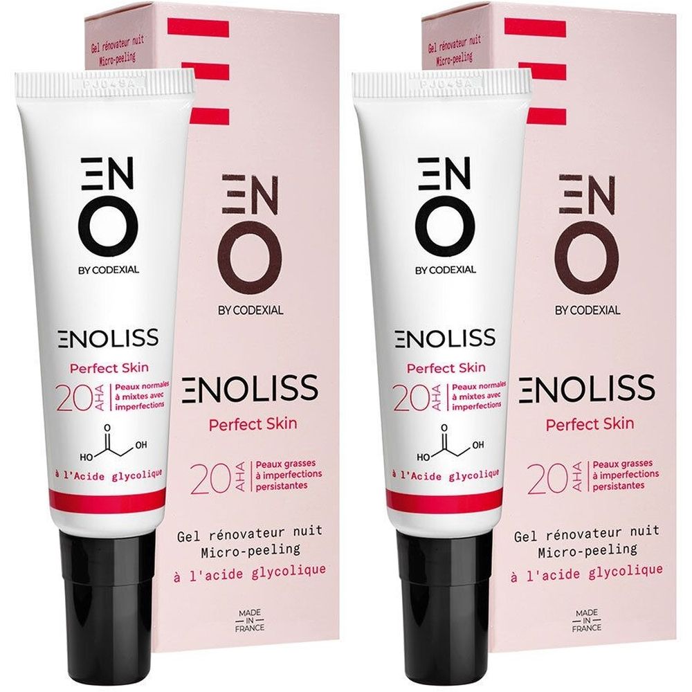 Zwei Tuben und Verpackungen. Aufschrift: ENOLISS Perfect Skin 20 AHA, Gel rénovateur nuit micro-peeling à l'acide glycolique.