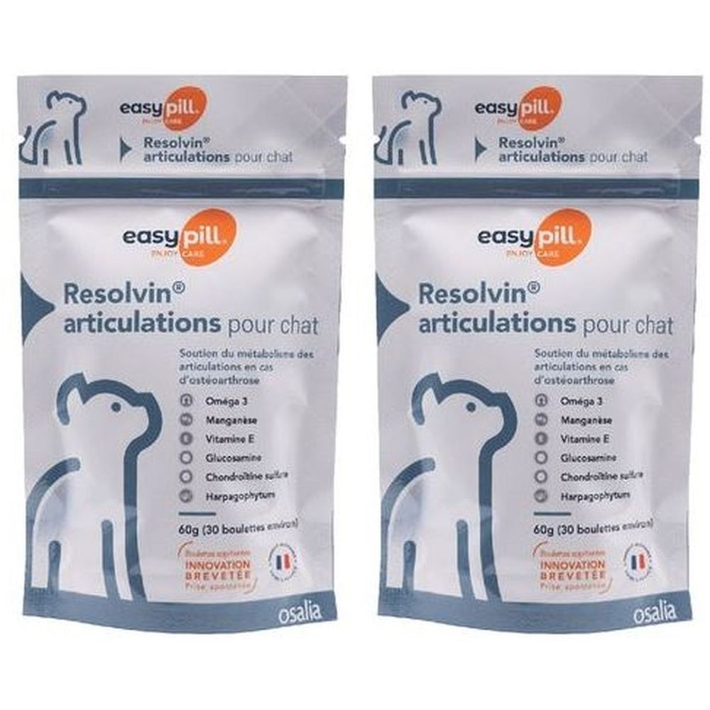 Zwei Beutel mit Produktnamen Resolvin Articulations pour chat. Aufschrift: easy pill. Enthält Omega 3, Mangan, Vitamin E, Glucosamin.