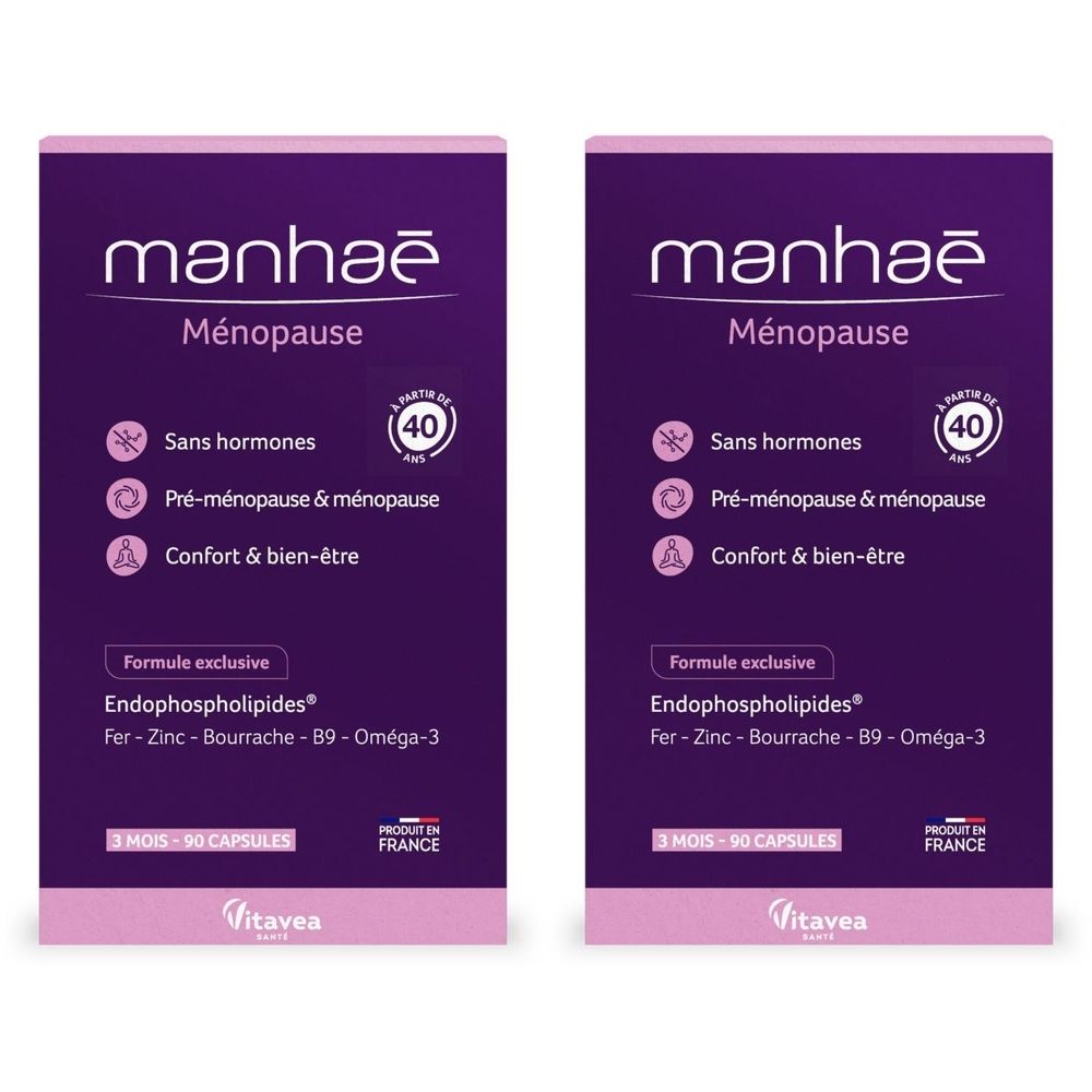 Zwei Packungen Manhaé, Menopause-Nahrungsergänzungsmittel. Lila Verpackung mit weißen und rosa Schriftzügen. Enthält 90 Kapseln.