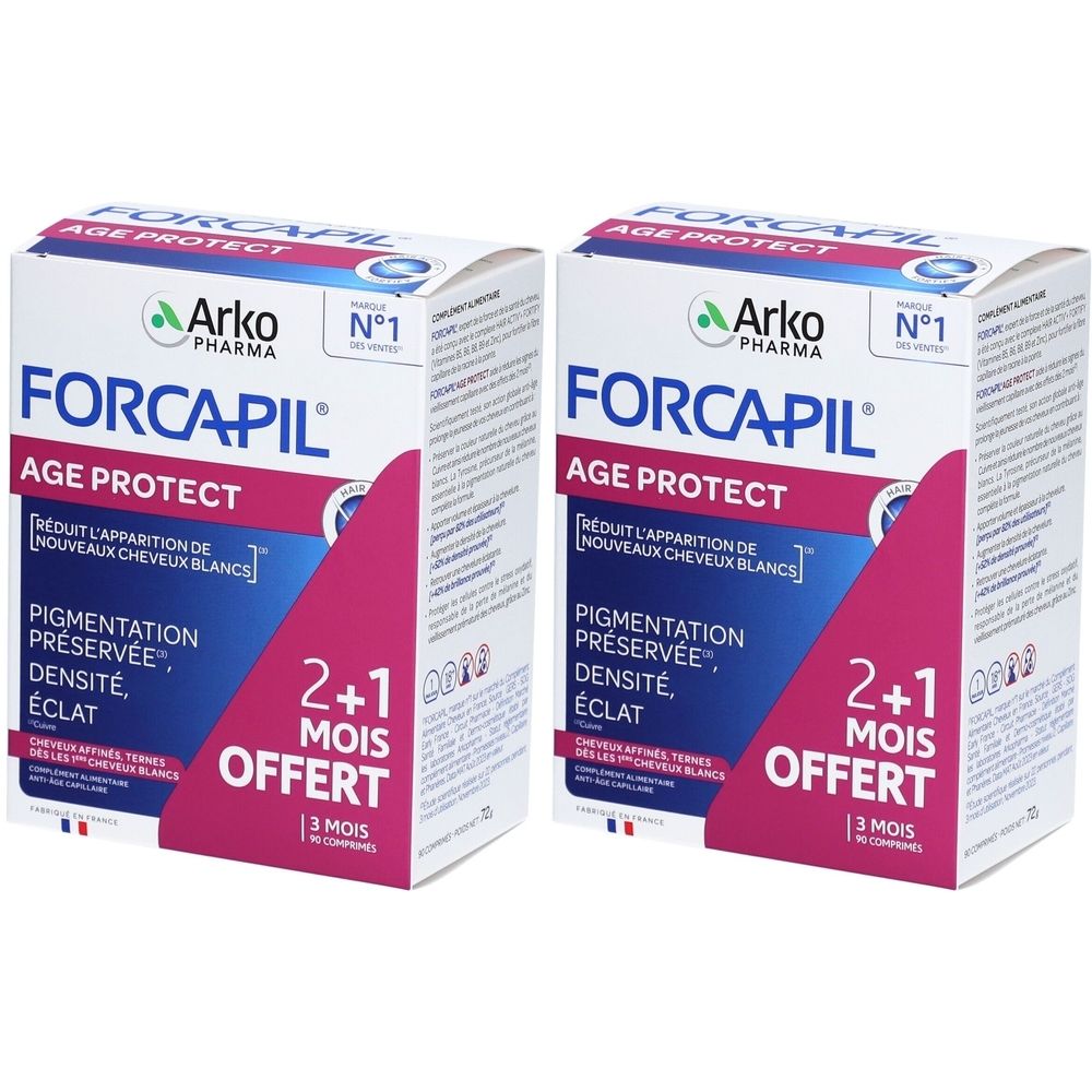Zwei Schachteln mit der Aufschrift "FORCAPIL AGE PROTECT". Aufschrift "2+1 MOIS OFFERT".