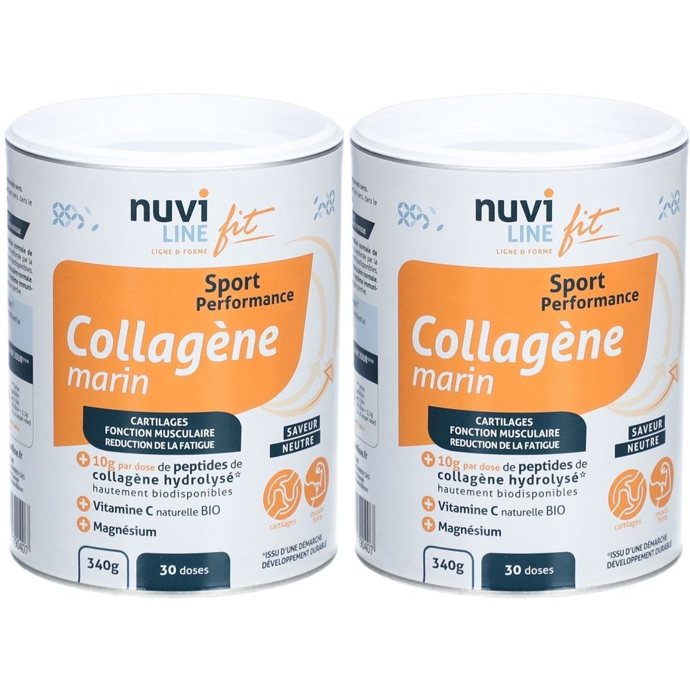 Zwei Dosen Nuvi Line Fit Collagène marin, Sport Performance, neutrale Geschmacksrichtung. Weiße Dosen mit orangefarbenen Etiketten, Text in Französisch.