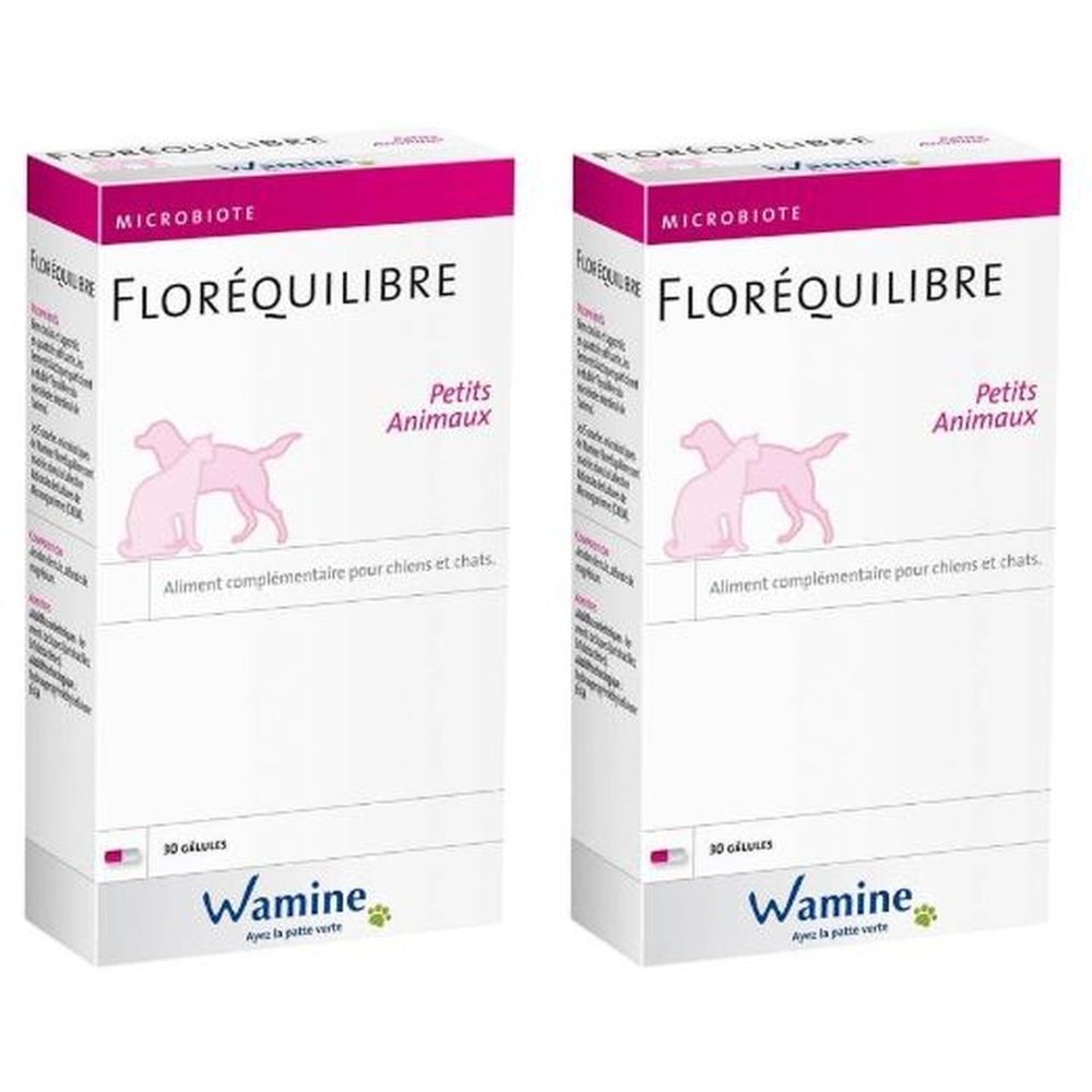 Deux boîtes "FLORÉQUILIBRE Petits Animaux". Marque Wamine. Complément alimentaire pour chiens et chats. 30 capsules.