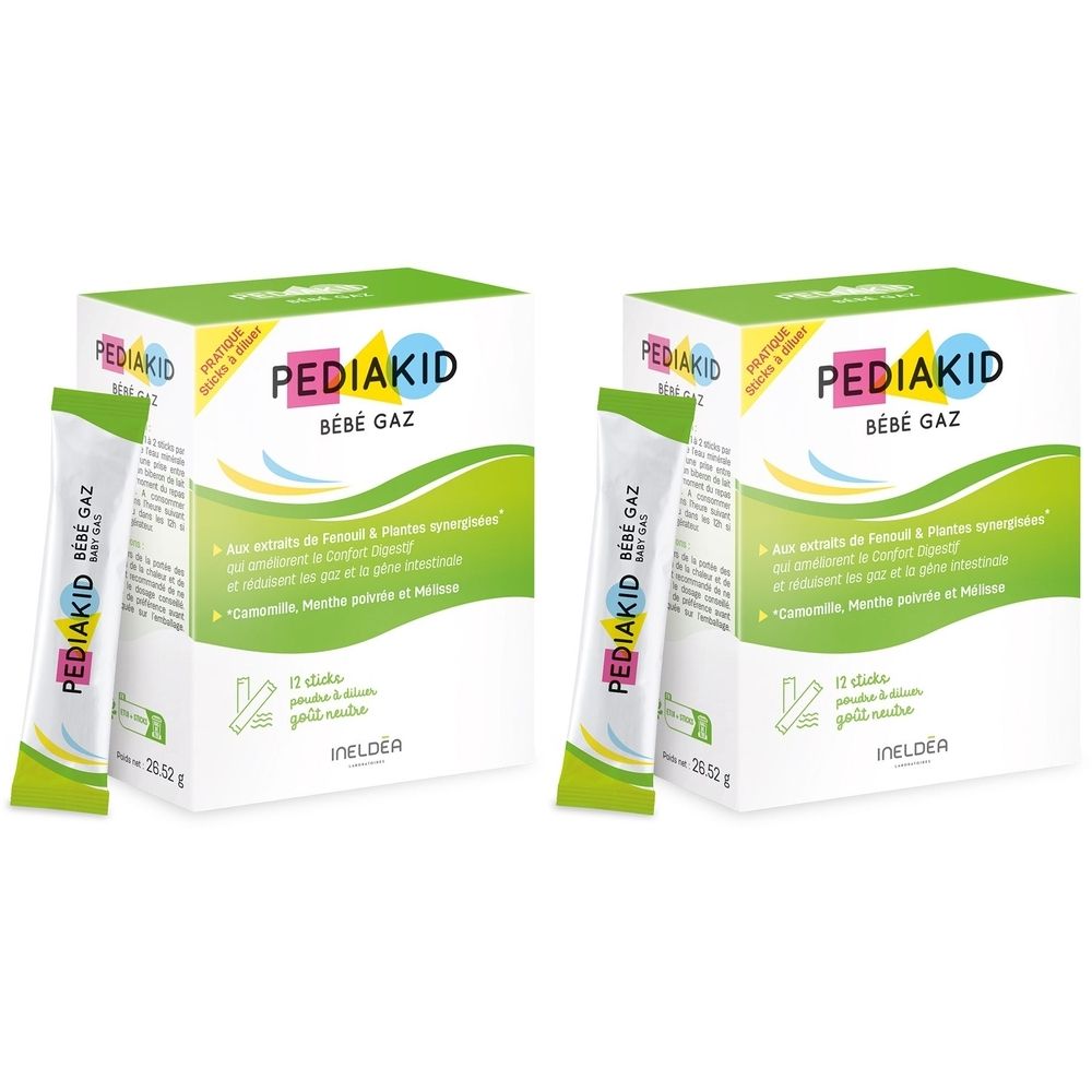 Zwei Kartons mit der Aufschrift PEDIAKID Bébé Gaz und zwei Beutel. Grün, gelb und weiß. Text in französischer Sprache.